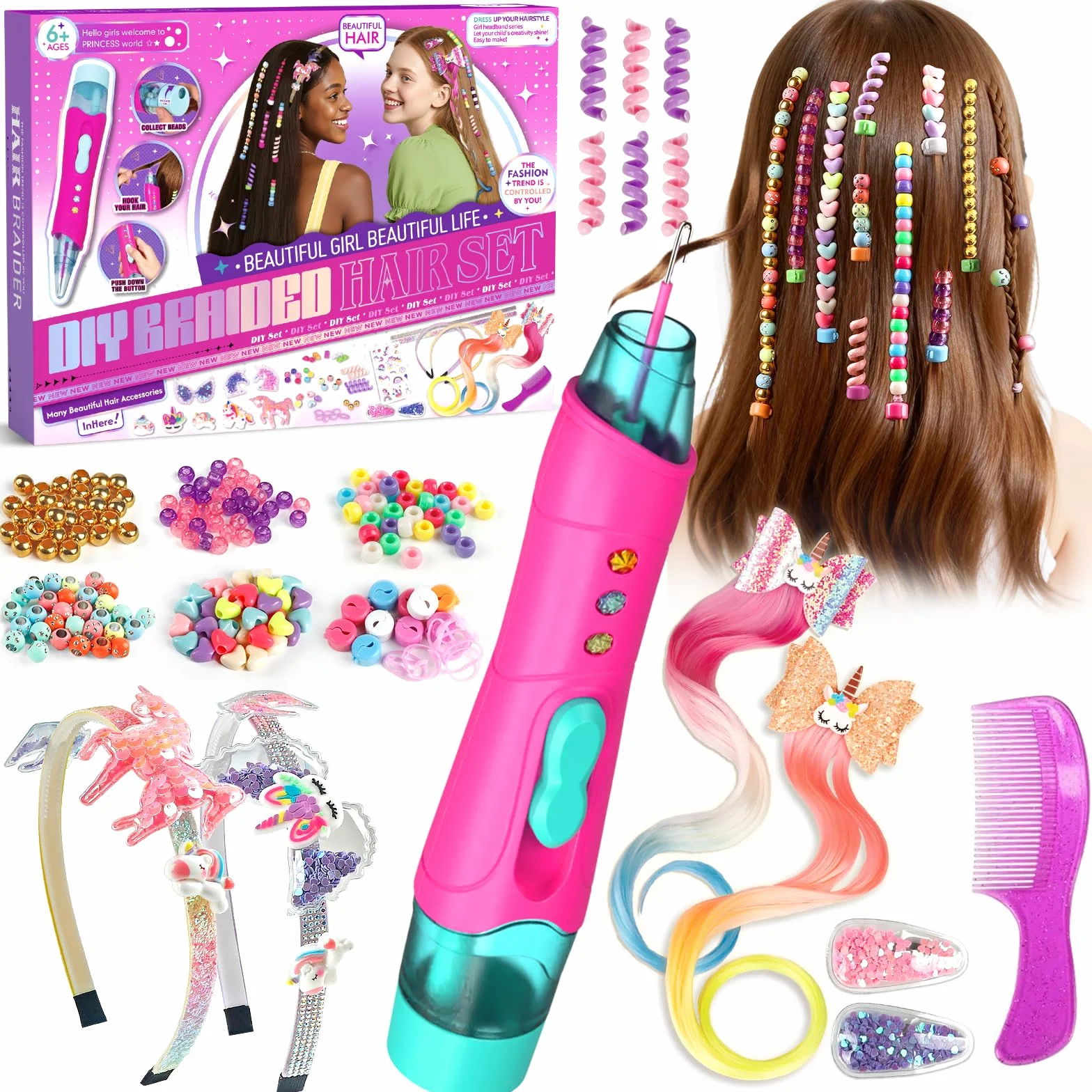 Machine à Tresser les Cheveux avec Perles Colorées, Kit Accessoires Cheveux Fille, Serre-Tête Licorne DIY, Jouet Créatif