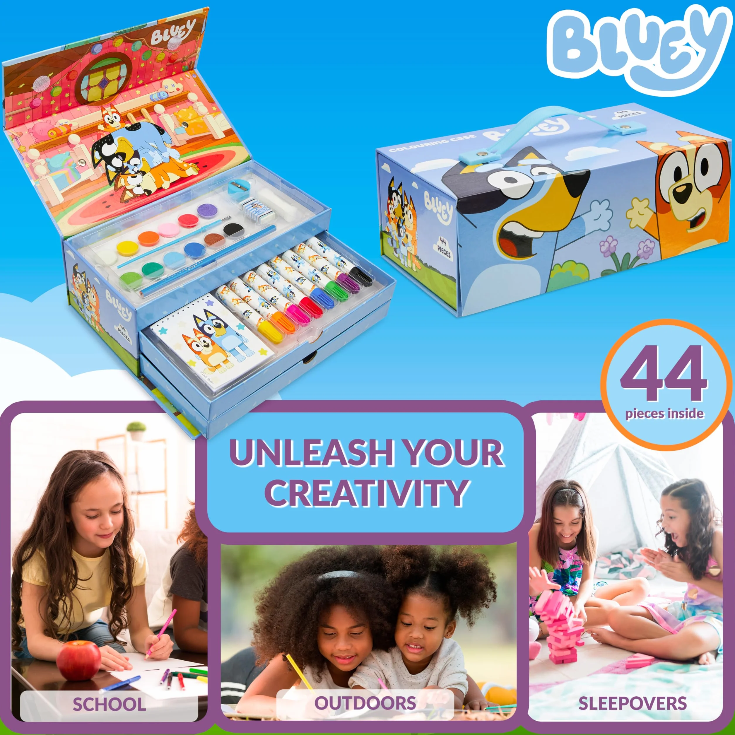 Bluey Coffret Peinture Enfant, Dessin, Coloriage, Crayon de Couleur et Cire, Feutres, Cadeau Enfant Bleu 3 Niveaux