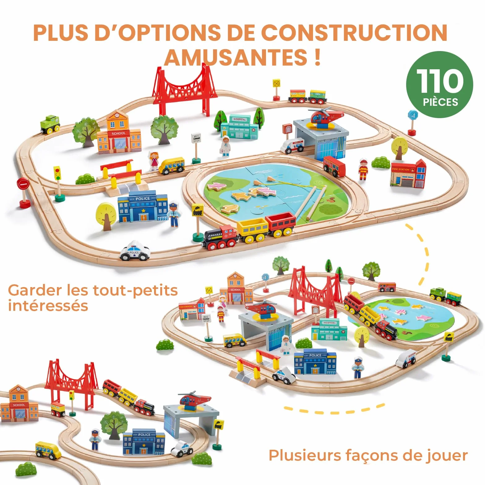 Tiny Land Kit de chemin de fer en bois 110 pièces pour enfants 3-7 ans