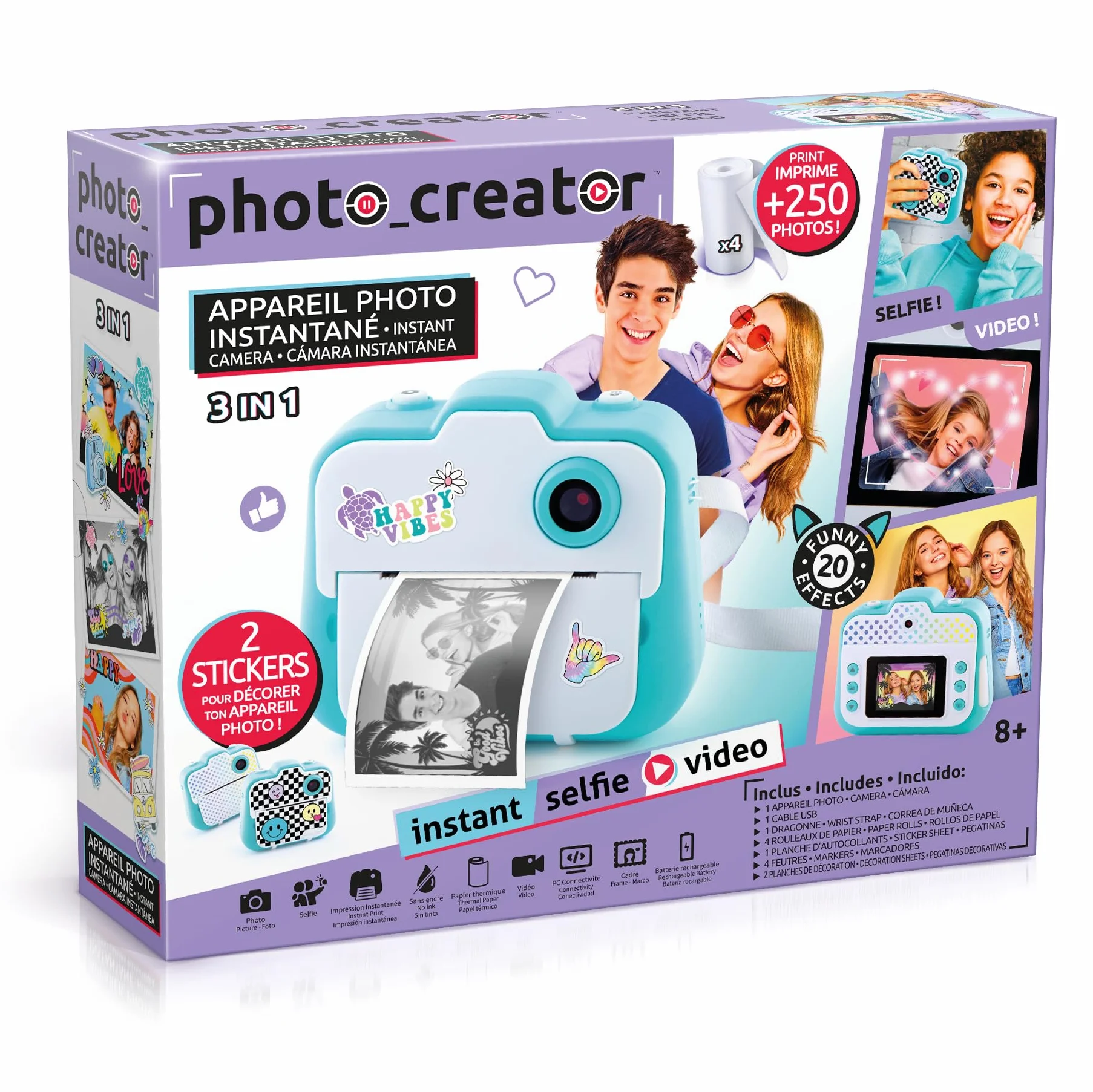 Canal Toys Photo Creator Appareil Photo 3 en 1 à Impression Instantanée Turquoise 2 Modes Selfie Caméra Vidéo Enfant 8 Ans+ 4 Rouleaux 250 Clichés CLK 001