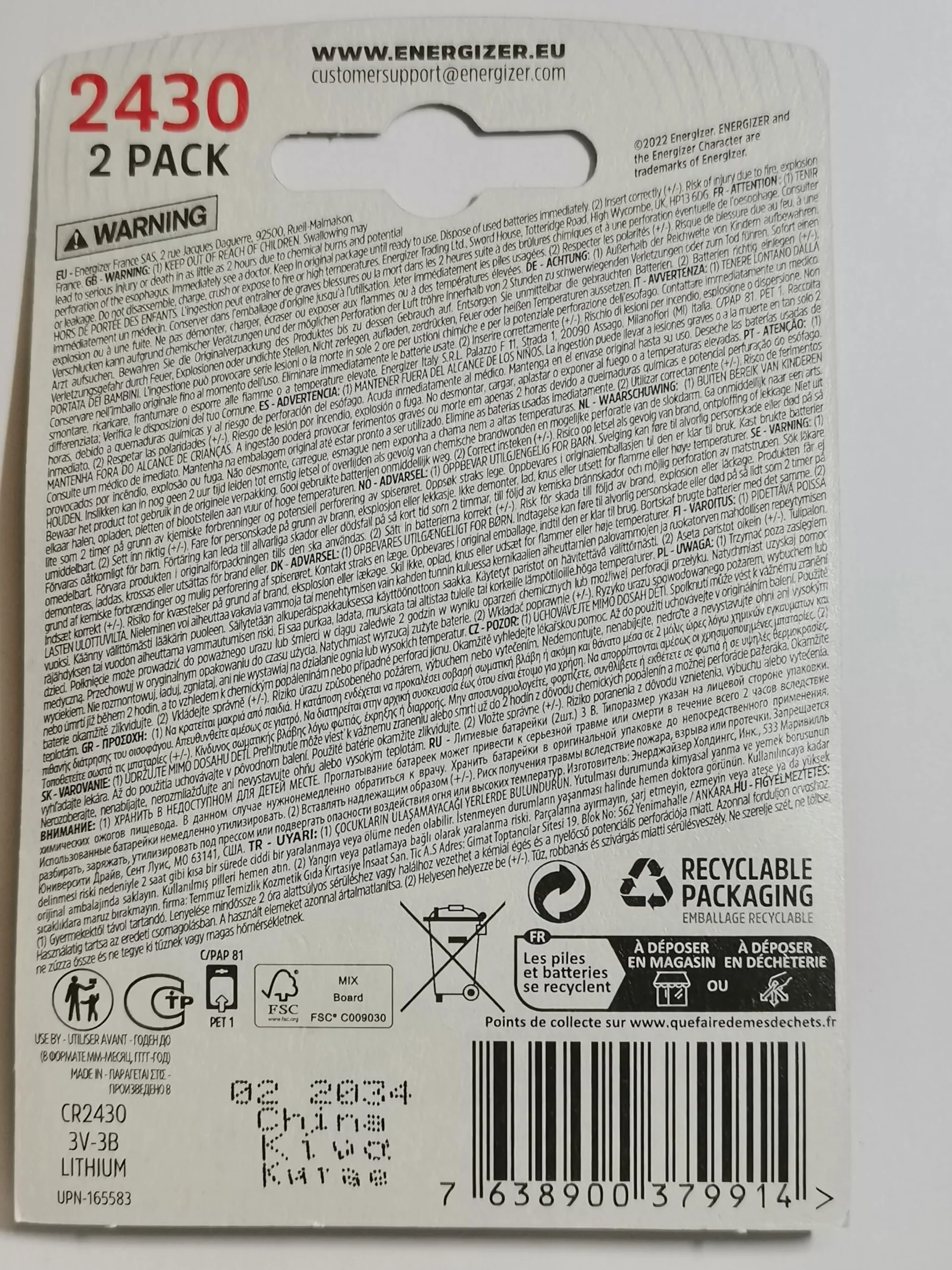 Energizer CR2430-2 Blister DE 2 Piles Lithium 3V