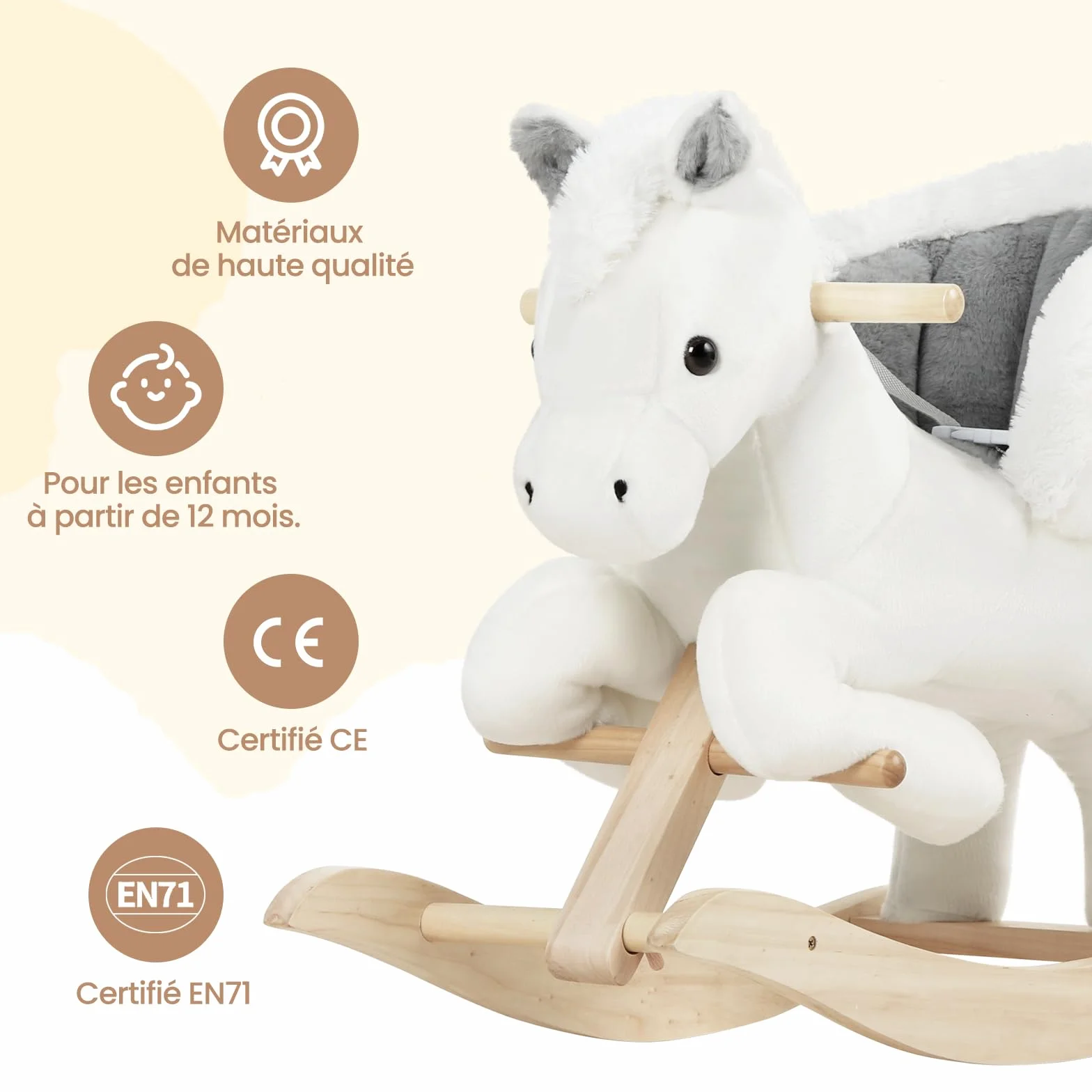 WOLTU Cheval à Bascule en Peluche, Animal à Bascule pour 1-3 Ans, Ceinture de Sécurité Effet Sonore Blanc Gris
