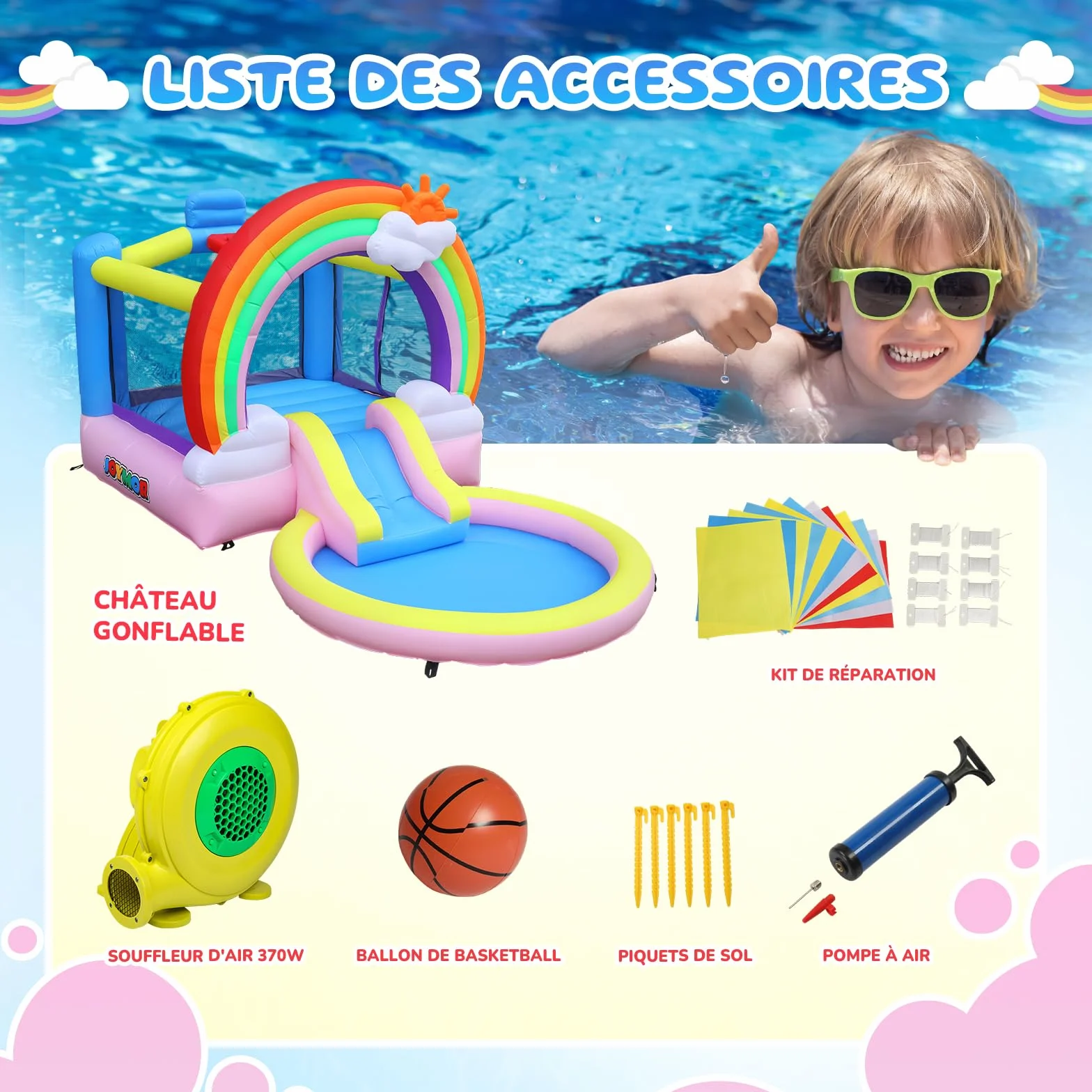 Bonnlo Chateau Gonflable avec Piscine à Balles, Toboggan Aquatique et Trampoline pour Enfant, Thème Arc-en-Ciel