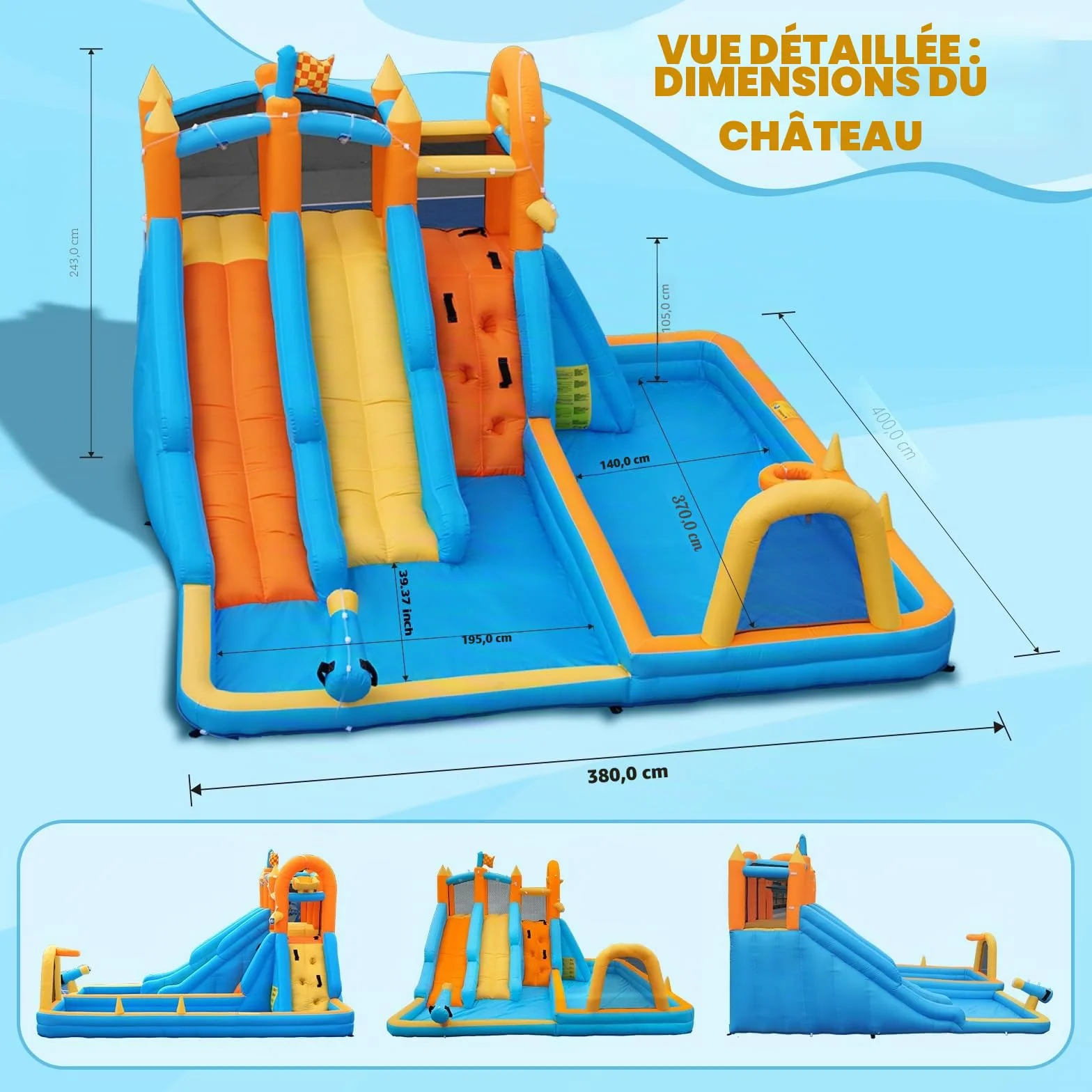 FOOING Château Aquatique Gonflable avec 2 Toboggans, Mur d'escalade, Panier de Basket et Filet de Sécurité pour Enfants