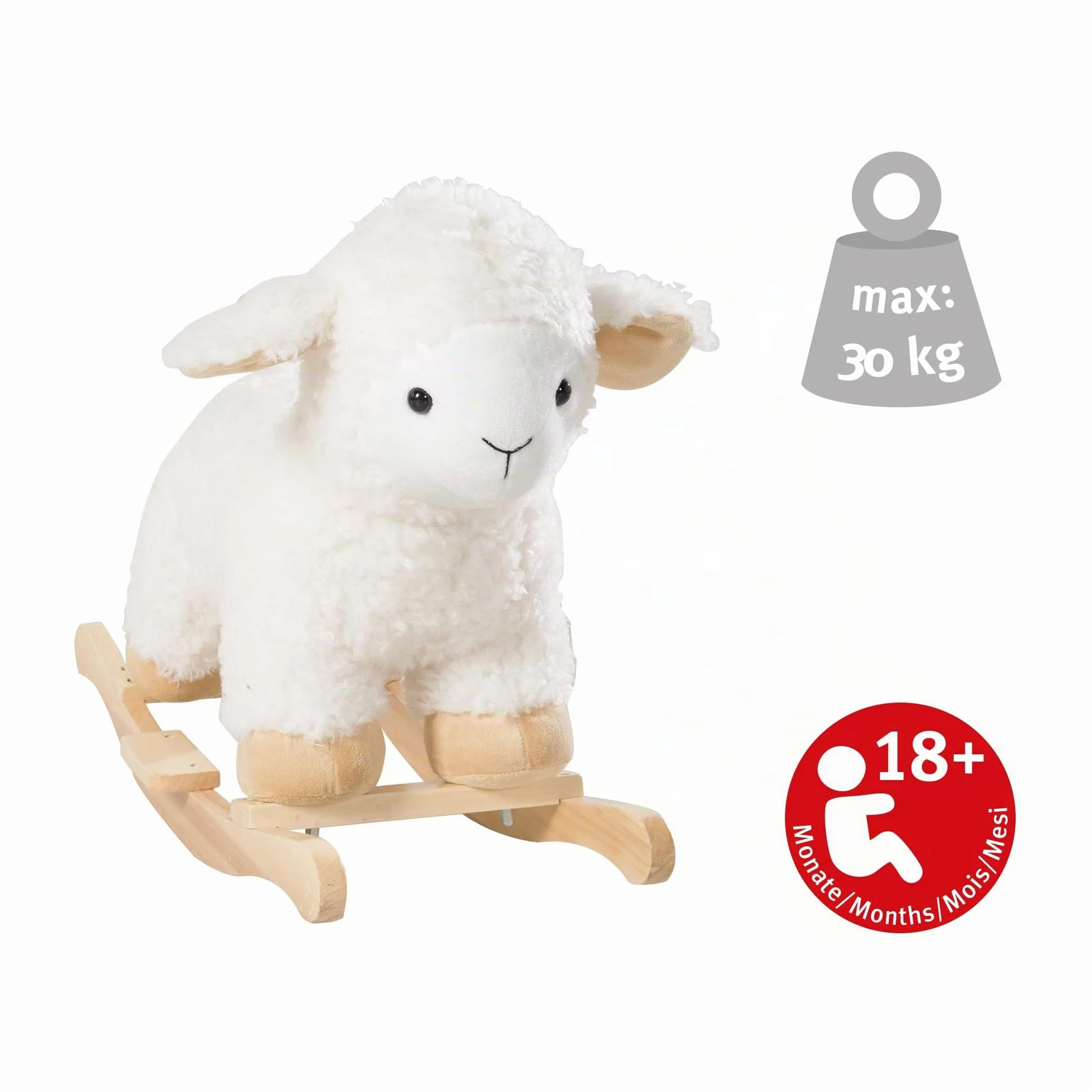 Agneau à Bascule en Bois et Peluche Douce avec Poignées - Aide à Maîtriser l'Équilibre - pour Enfants de 18 Mois à 6 Ans - Supporte 30 kg - Blanc