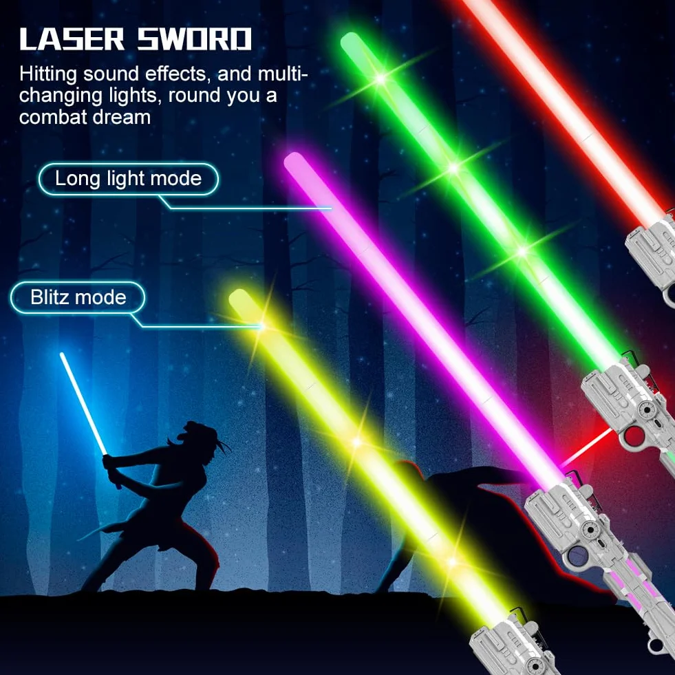 Sabre Laser 7 Couleurs 2 en 1 Épée Laser LED avec Son Rétractable Rechargeable USB Argent 34-66cm