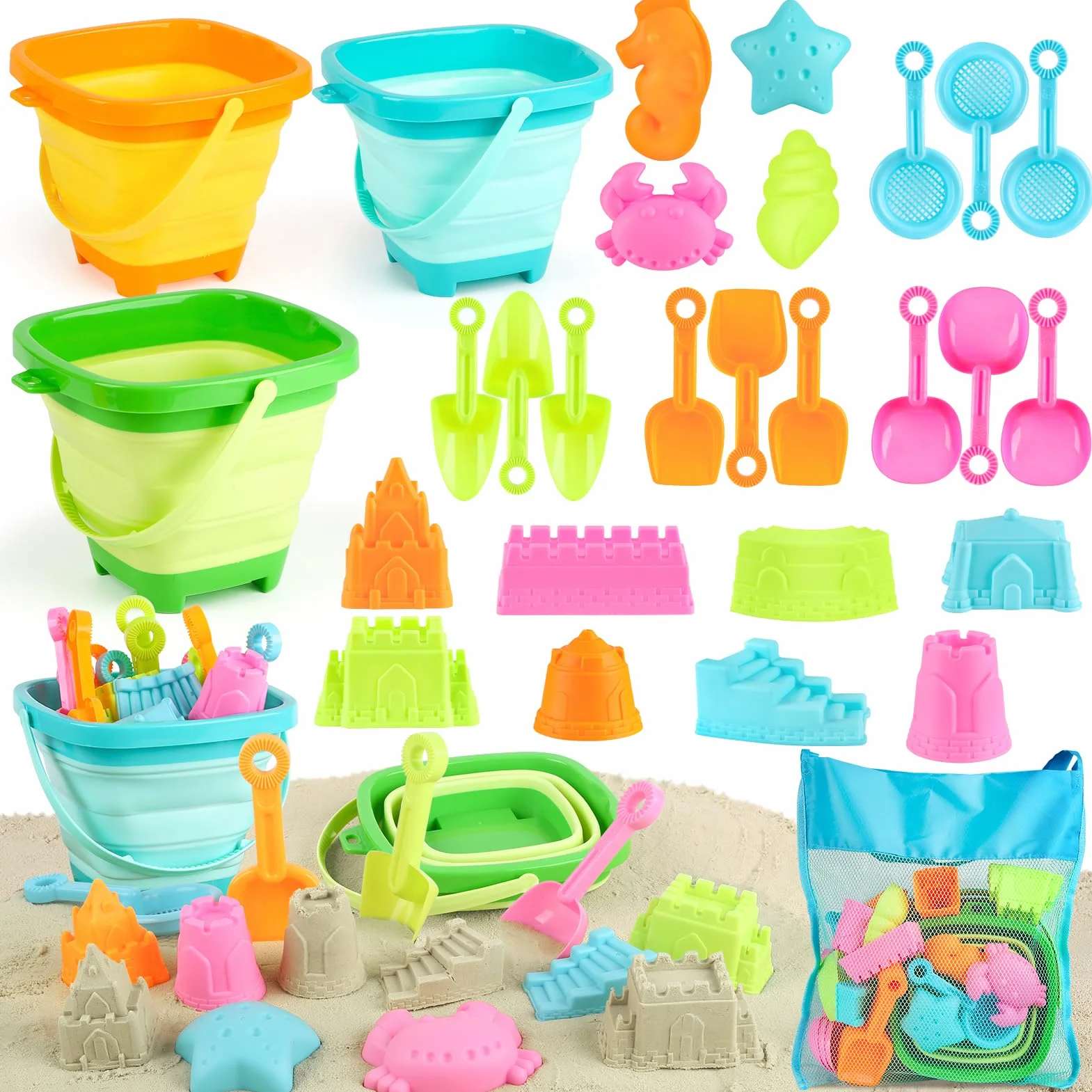 YIMORE Jouet de Plage 28 PCS Jouets de Sable avec Seau Pliable Enfants Bac à Sable