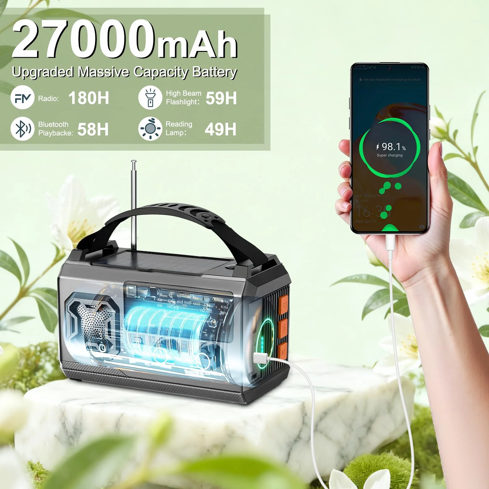 Radio Solaire Dynamo Survie 27000mAh Batterie Rechargeable AM/FM Lampe LED Alarme SOS Camping Randonnée Gris