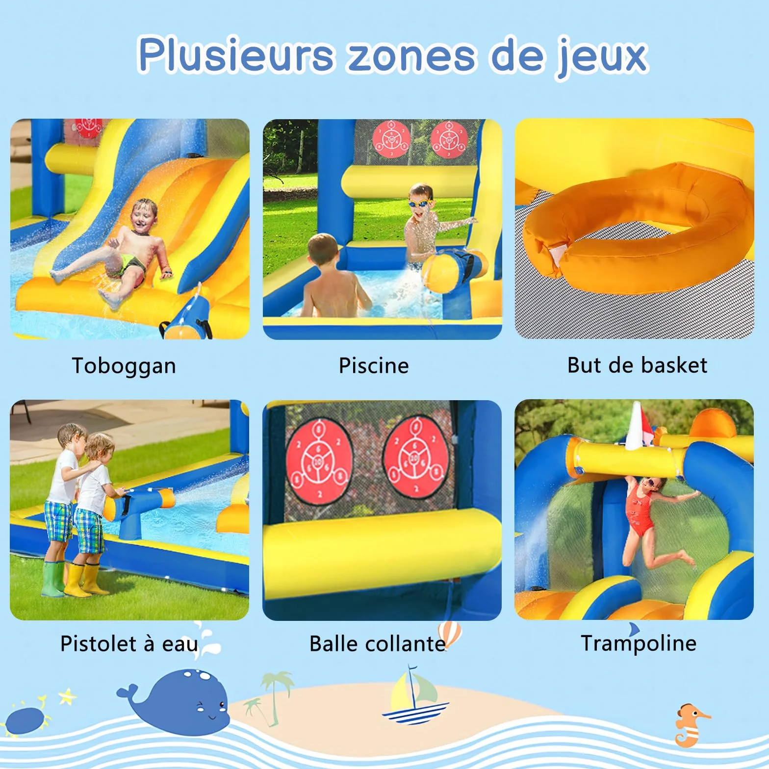 LEADZM Château Gonflable pour Enfants avec Double Toboggan, Zone de Saut, 470x472x260 cm, 150 kg