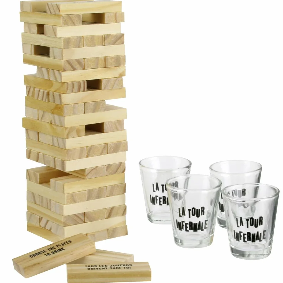 Jeu à boire Tour infernale Beige noir transparent Bois verre H20 x 7 x 19 cm