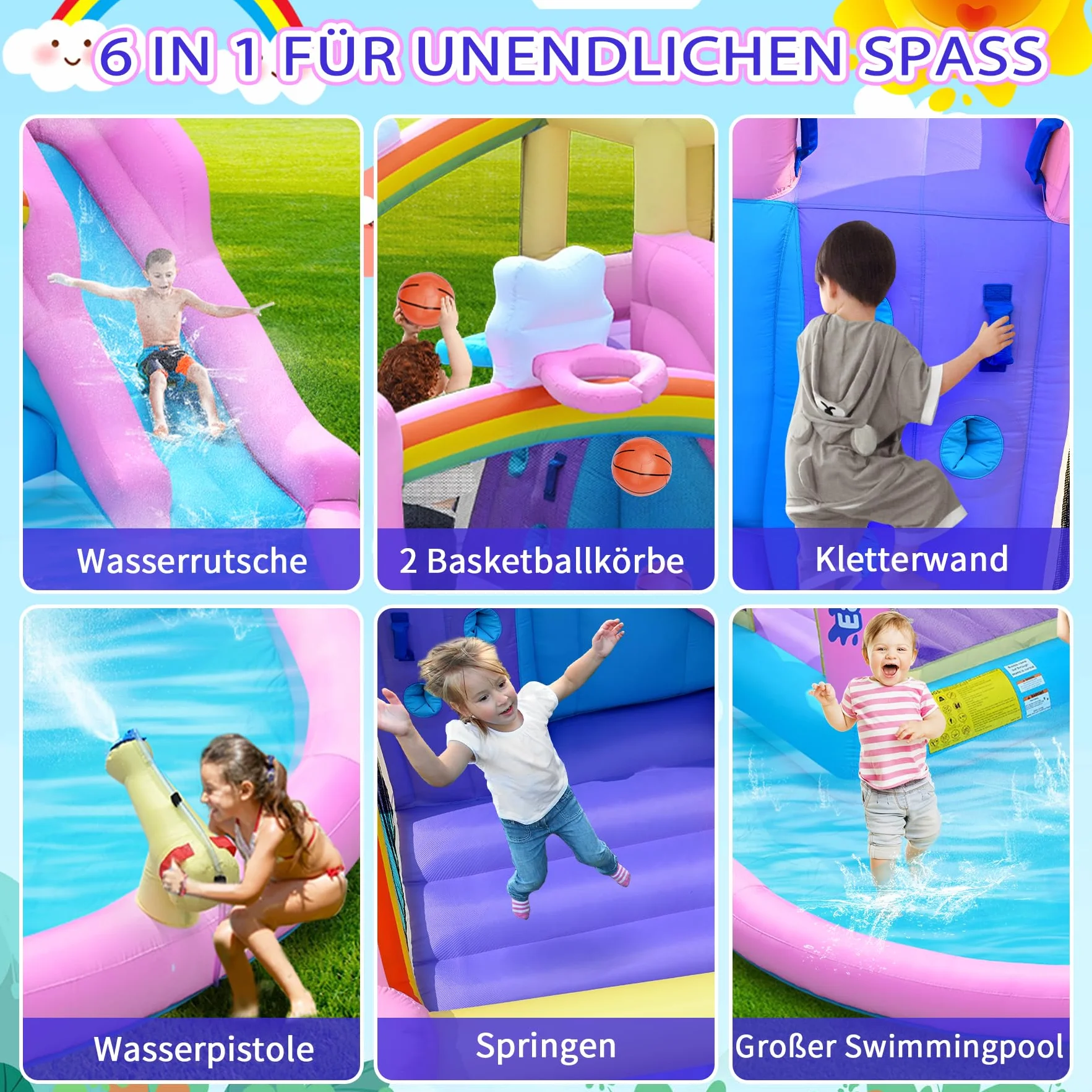 Aire de jeux gonflable avec toboggan aquatique 365x390x238cm pour extérieur