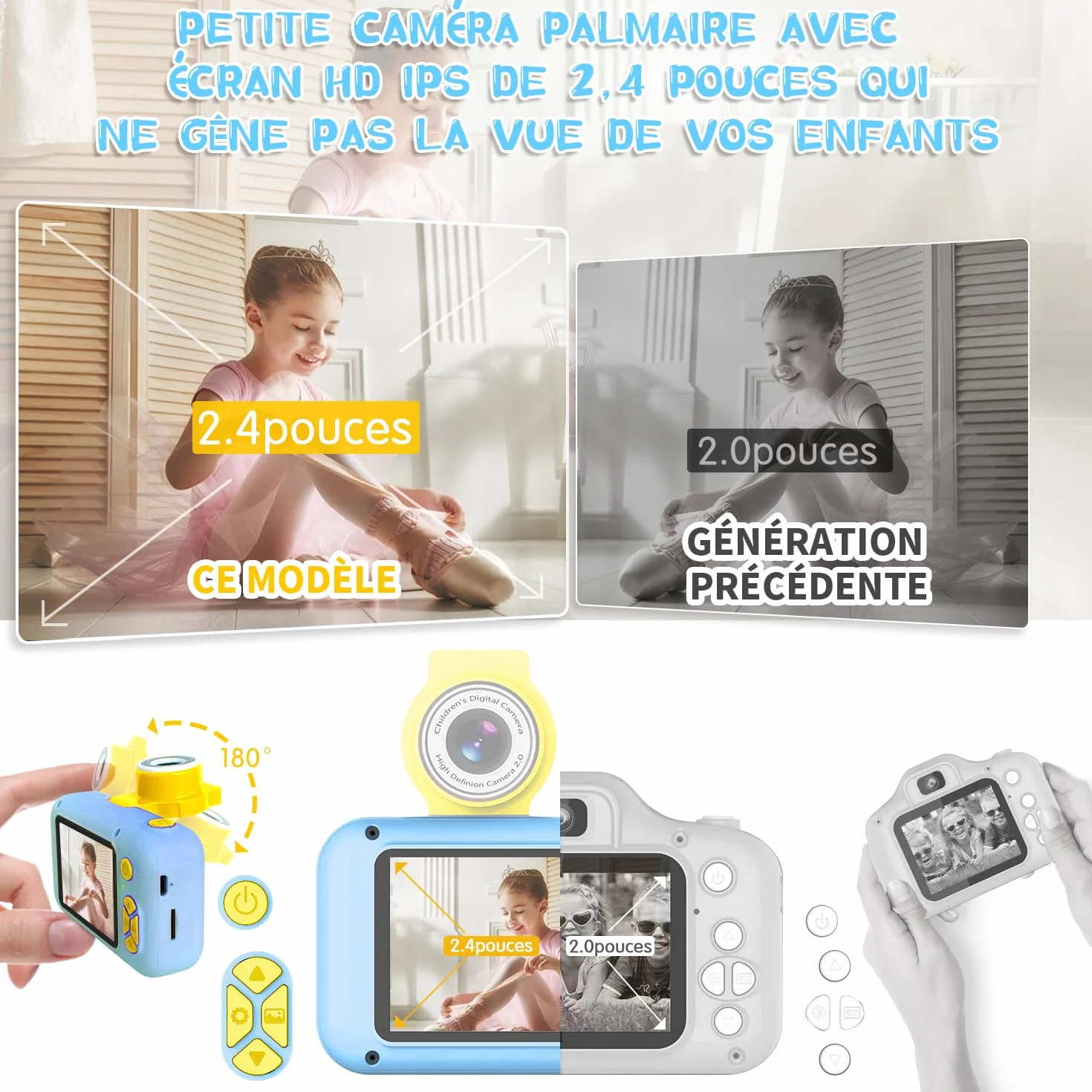 ARNSSIEN Appareil Photo Enfant Écran 2,4" Objectif Pivotant 180° Numérique 3-12 Ans Cadeau Anniversaire