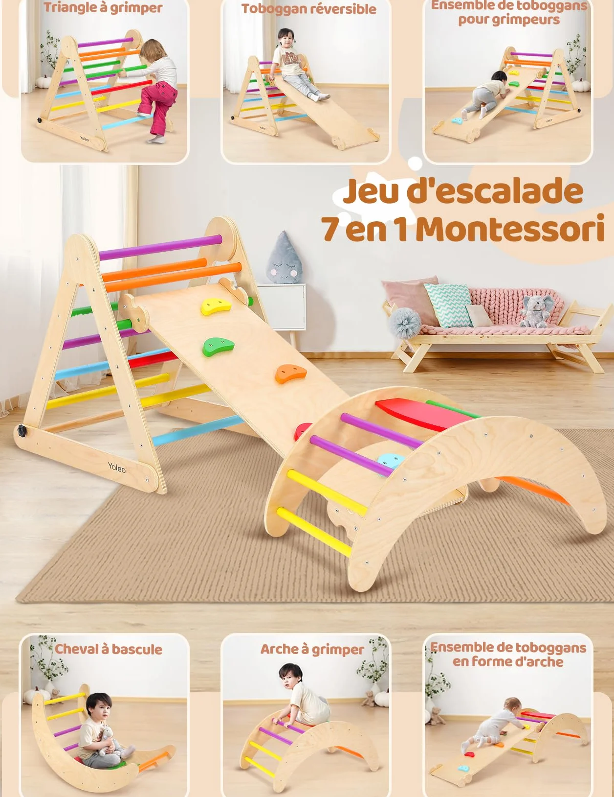 YOLEO Triangle à Grimper Pliant Montessori avec Arche de Toboggan, Aire de Jeux Intérieure pour Enfants 1 an