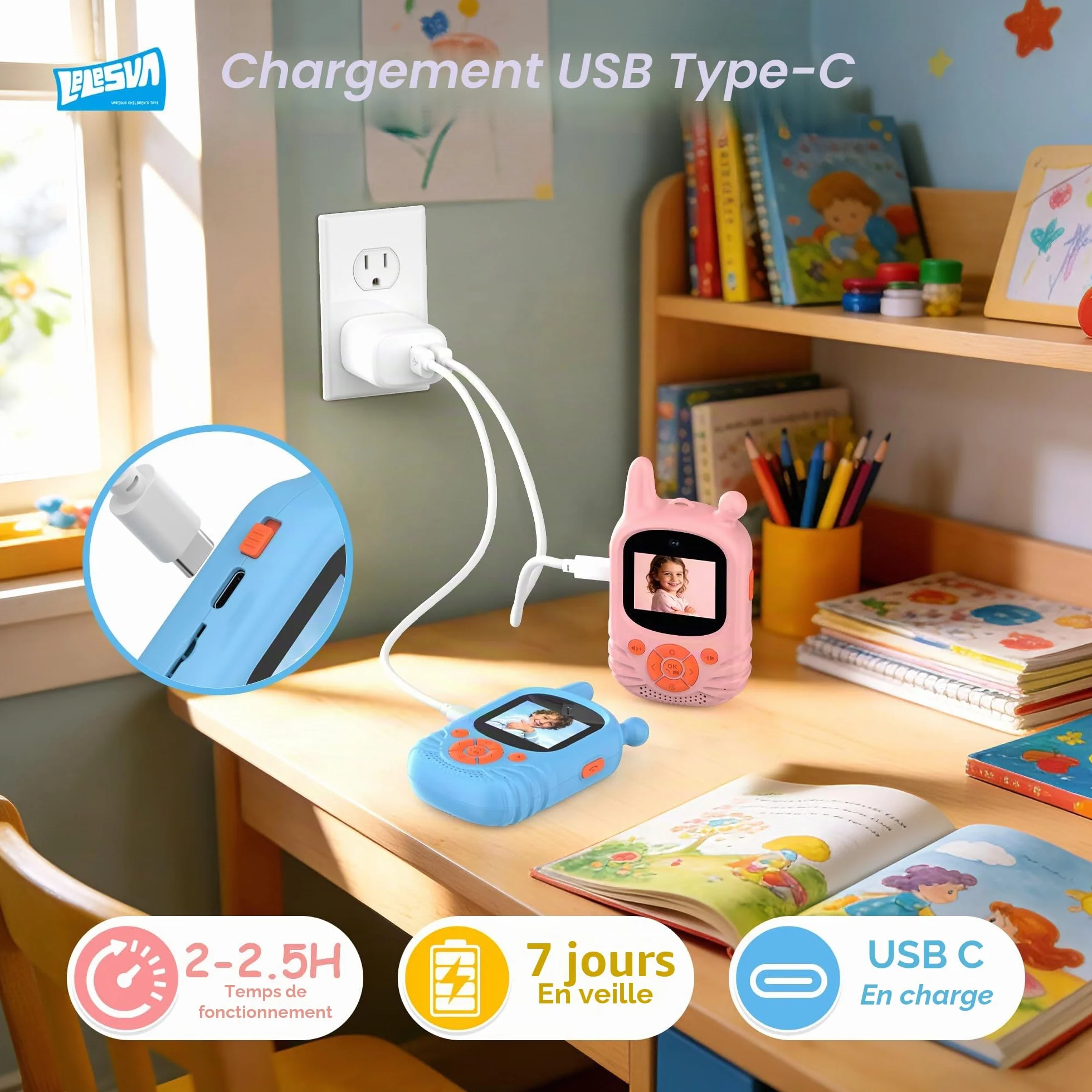 Walkie-talkies vidéo enfants HD double caméra rechargeable portée 300 m pack de 2