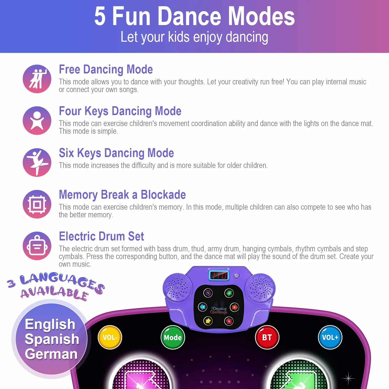 Tapis de Danse Enfants Filles Bluetooth LED Lumière Musique avec 6 Flèches Volume Réglable Cadeau