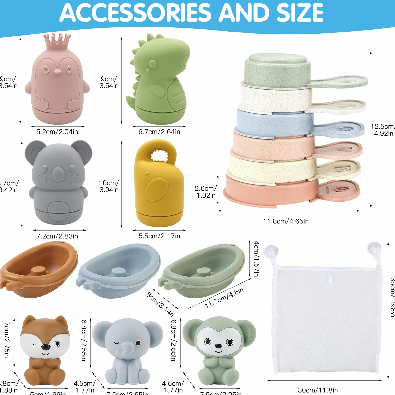 Jouets de Bain pour Bébé avec Jouets à Presser Sensoriels, Marionnettes à Doigts, Bateaux Empilables et Cuillère