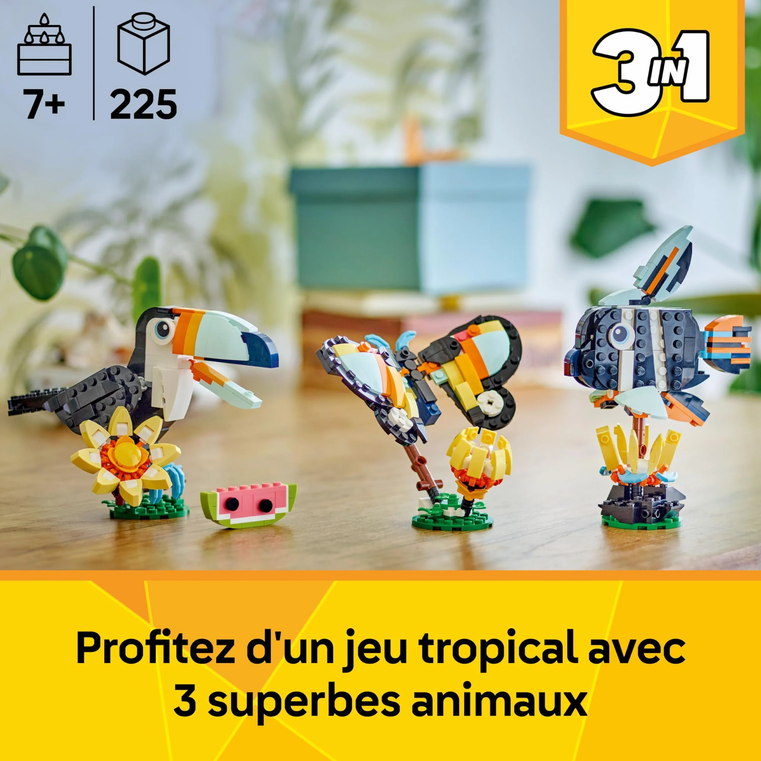 LEGO Creator 3-en-1 Animaux Sauvages Toucan Tropical Oiseau avec Fleur Jouet Animal Transformable Papillon Poisson Tropical Cadeau 7 Ans 31173