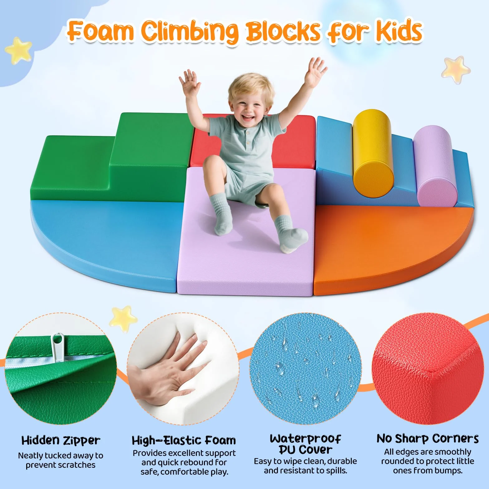 Blocs de Construction en Mousse Géants pour Bébé, Jouets Éducatifs Préscolaires pour Ramper et Grimper (Bleu Clair-5)