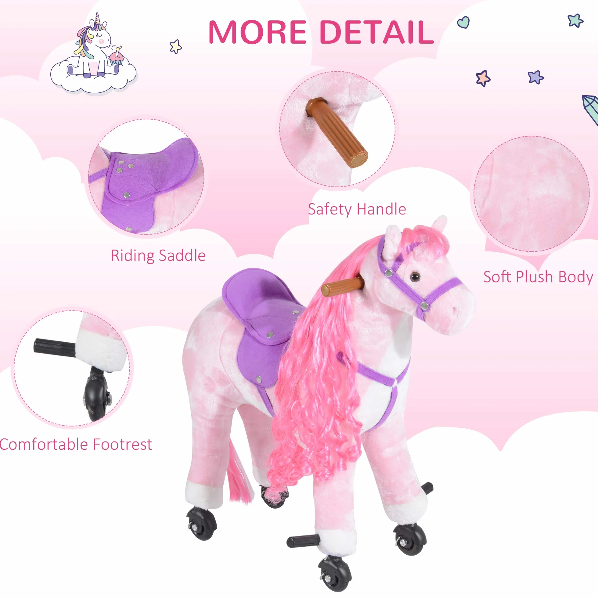 HOMCOM Cheval à bascule pour enfants 3+ ans 4 roues sons réalistes rembourré repose-pieds 65x28x75 cm rose