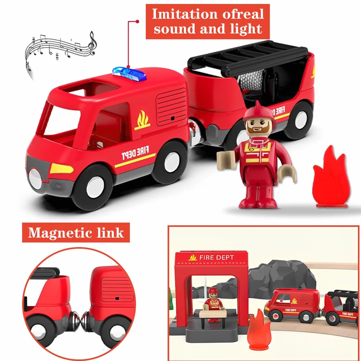 LiRiQi Camion de Pompiers Son et Lumière, Train Magnétique Enfant Compatible Brio Thomas Rails Bois