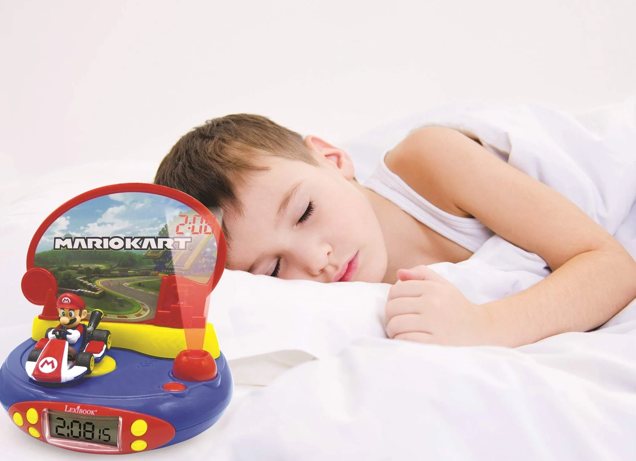 Lexibook Mario Kart réveil projecteur veilleuse intégrée projection heure plafond effets sonores piles rouge bleu RP500NI