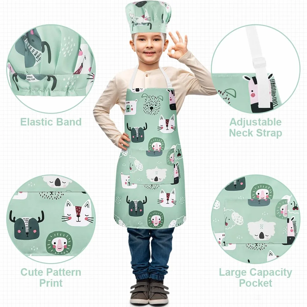 Tablier de Cuisine Enfant avec Toque Réglable Poches Filles Garçons Cuisson Peinture Artisanat