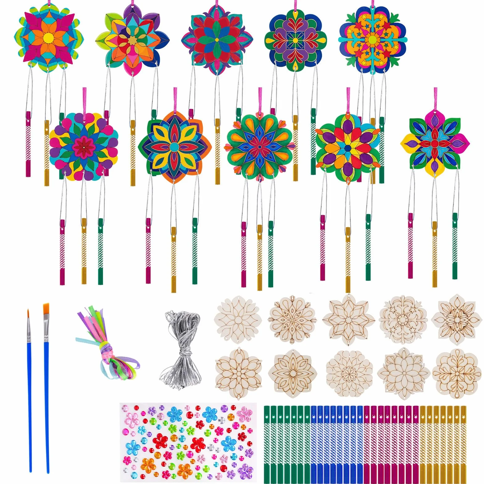 Carillons éoliens en bois pour enfants Mandala - Décoration de jardin - Lot de 10