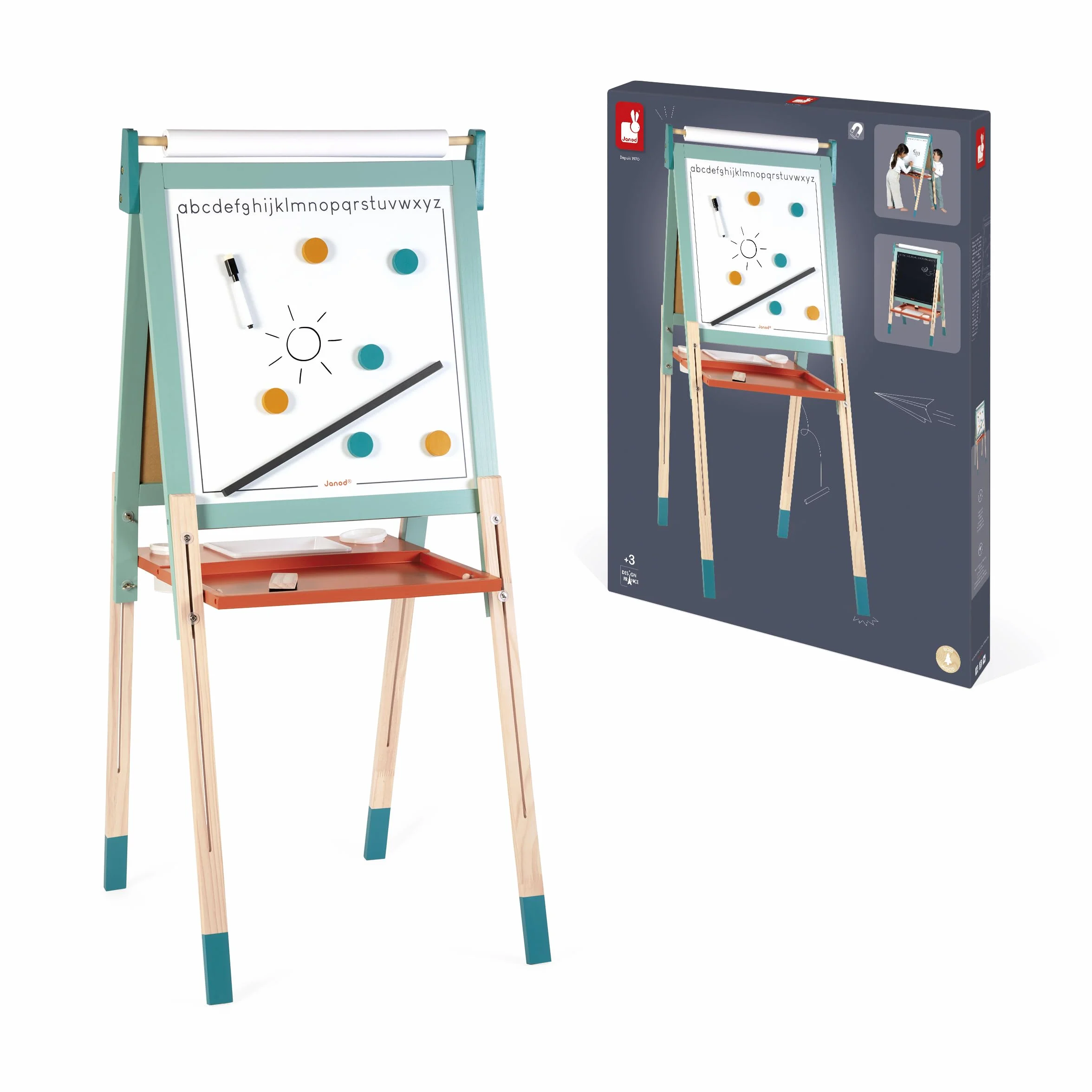 Janod Tableau Chevalet Double Face en Bois Réglable en Hauteur Ardoise Blanche Magnétique + Craie + Rouleau Papier 23 Accessoires Dès 3 Ans