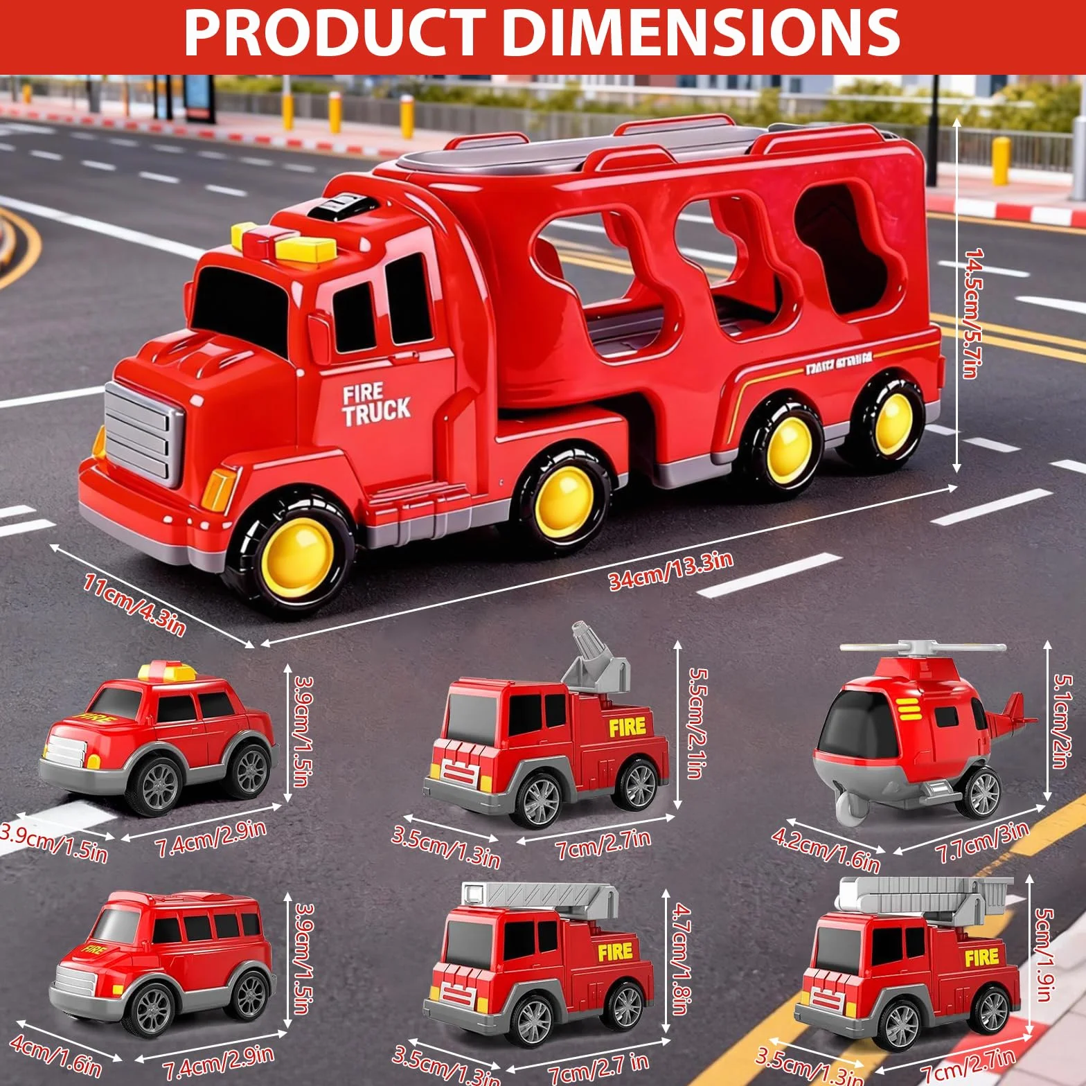 Camion Pompier Jouet 7 en 1 avec 6 Véhicules Sons et Lumières Transporteur à Friction pour Enfants 3-6 Ans