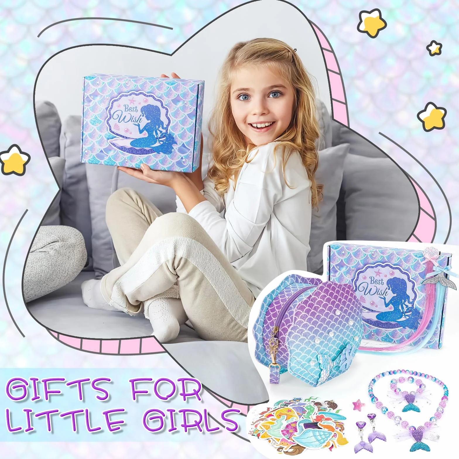 Sirènes Sac à Main Bijoux Enfants Fille, Coquillage Sac Bandoulière Princesse Set Collier Bracelet Bague Boucles d'oreilles