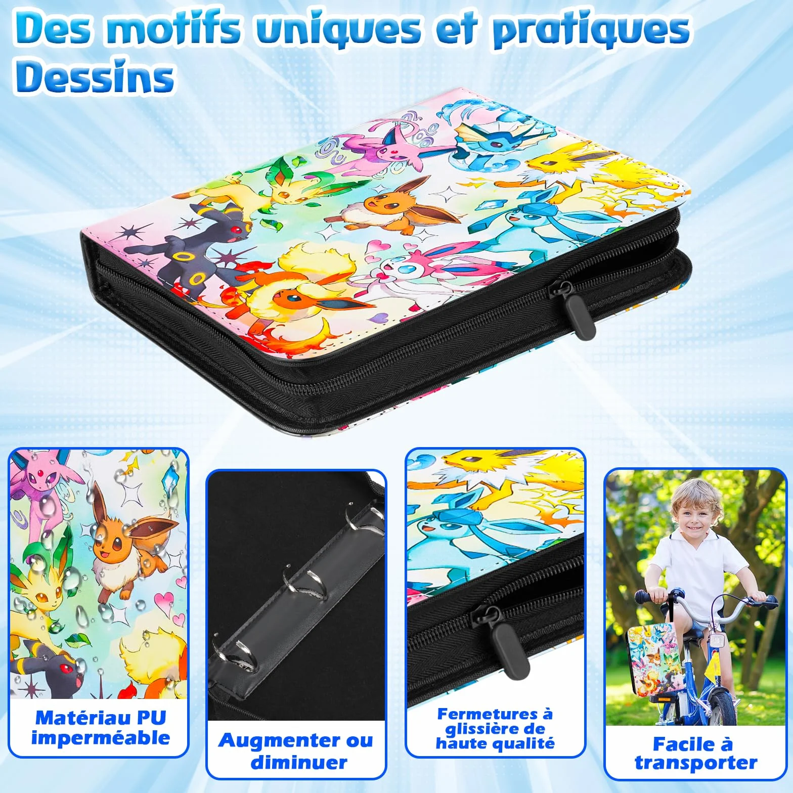 Porte Cartes en Cuir Imperméable avec Fermeture Éclair, Capacité 50 Pages 400 Cartes, Organisateur de Cartes Cadeau Garçons Filles