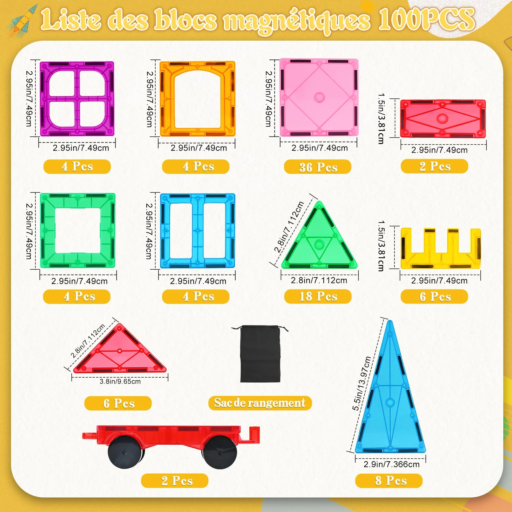 Blocs Construction Magnétiques 100 Pièces Jouets Magnétiques Enfant 3-8 Ans