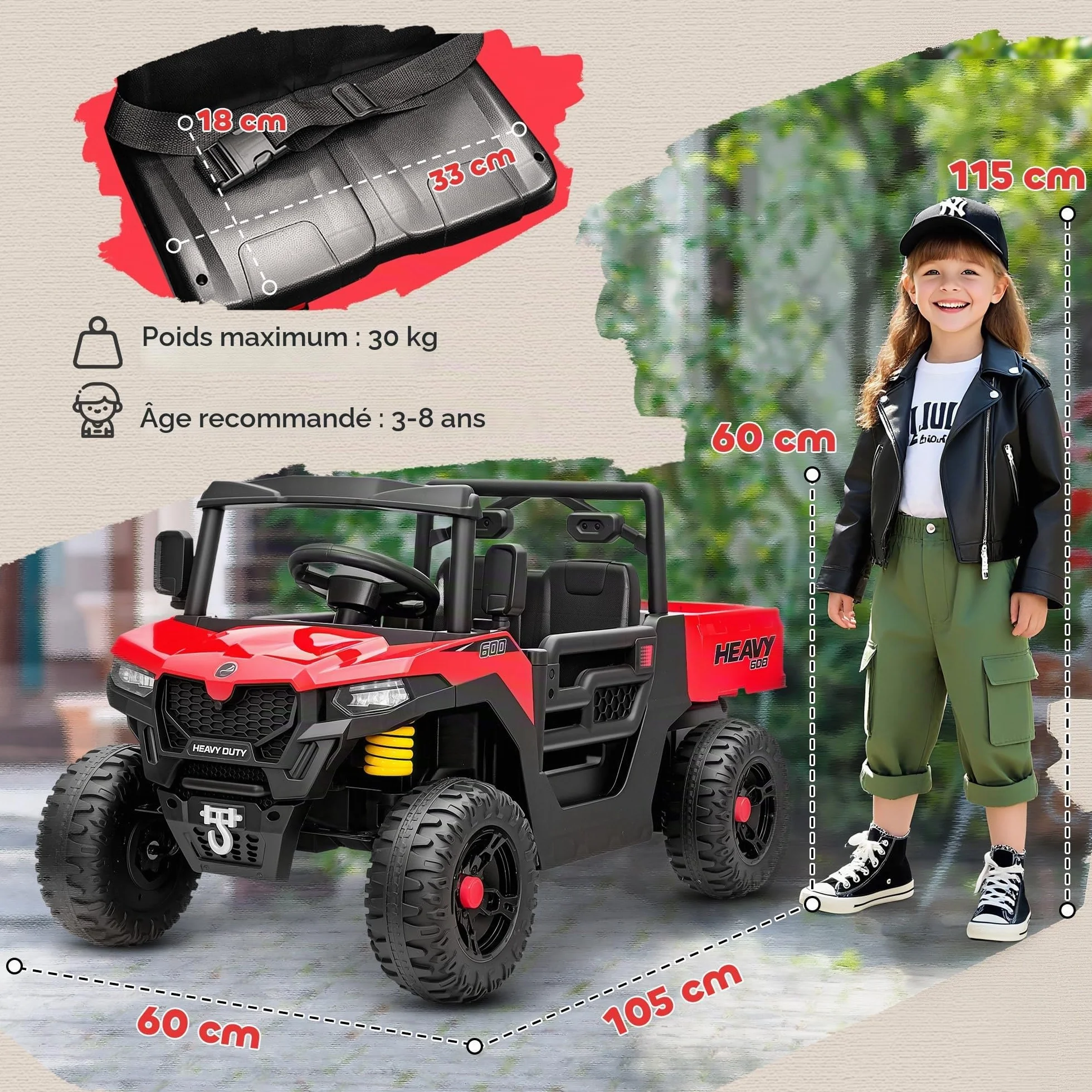 AIYAPLAY UTV 12V Voiture électrique Tout-Terrain pour Enfants avec Coffre à Bagages, 2 Moteurs, Ceinture de sécurité 3 Points, télécommande, Suspension, USB, Musique, lumières, 1,8-3,7 km/h, 3-8 Ans,