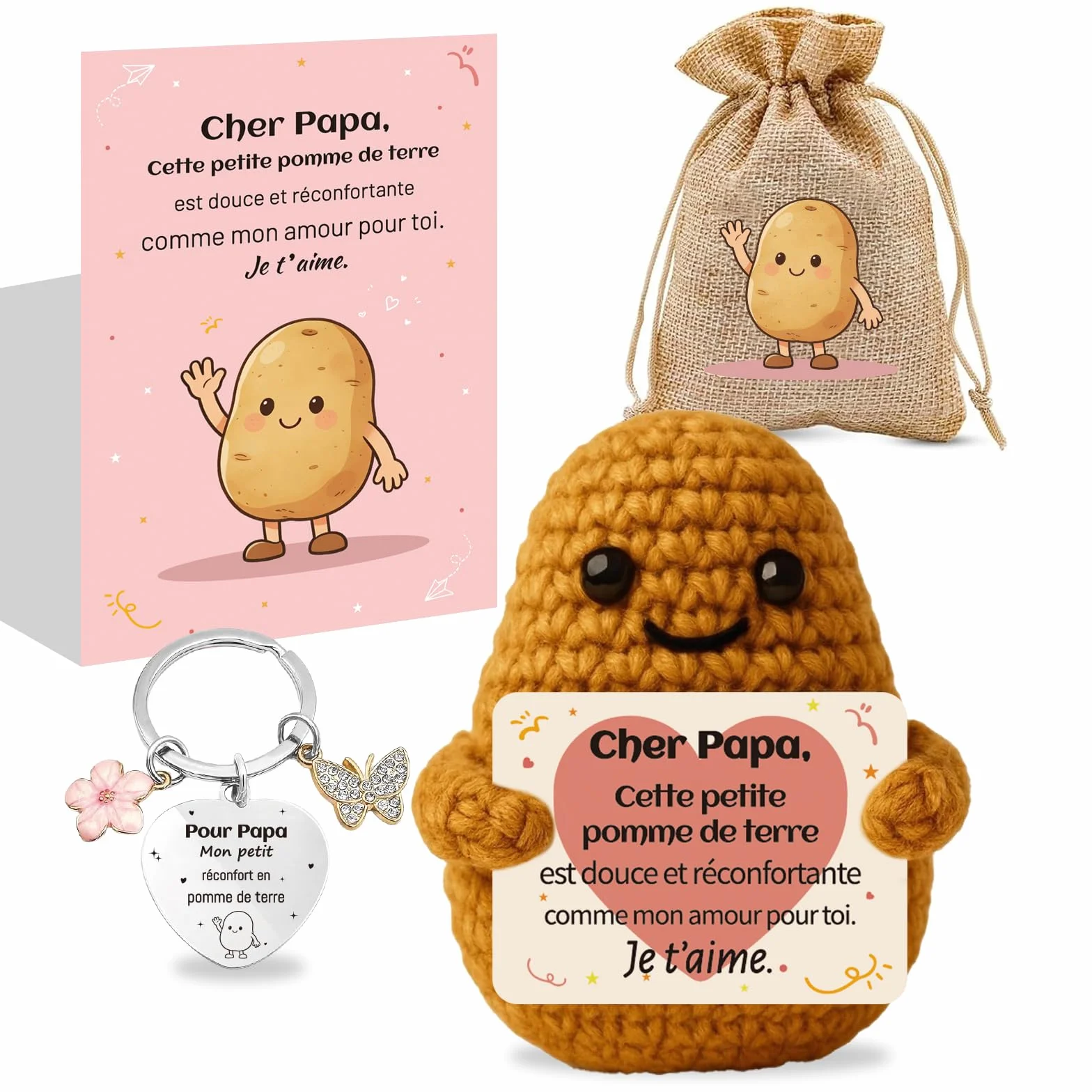 Peluche Patate Tricotée avec Carte et Porte-Clés, Cadeau Papa Anniversaire Fête des Pères Noël