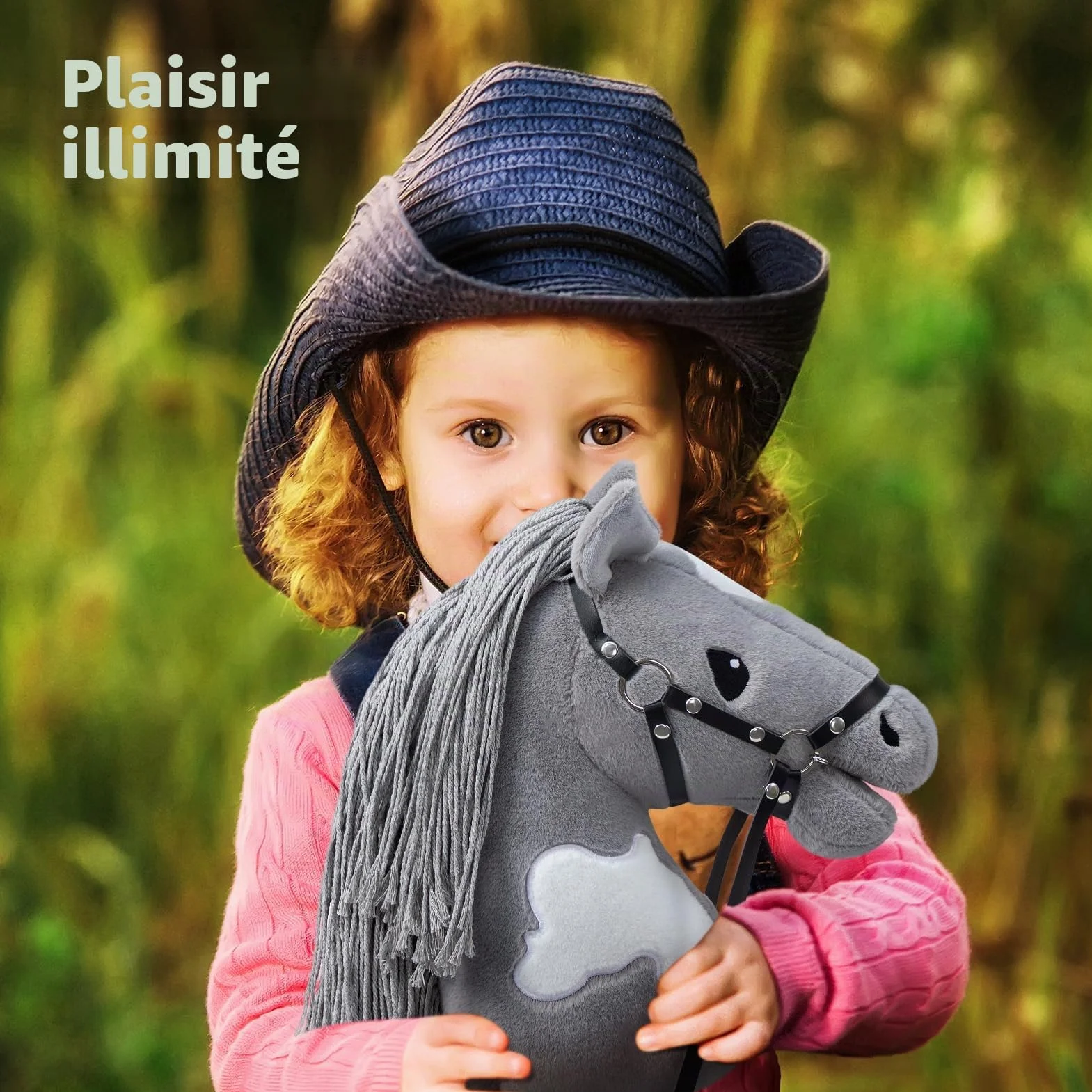 BEJOY Stick Horse Hobby Cheval sur Bâton avec Licou et Rênes Gris-Blanc