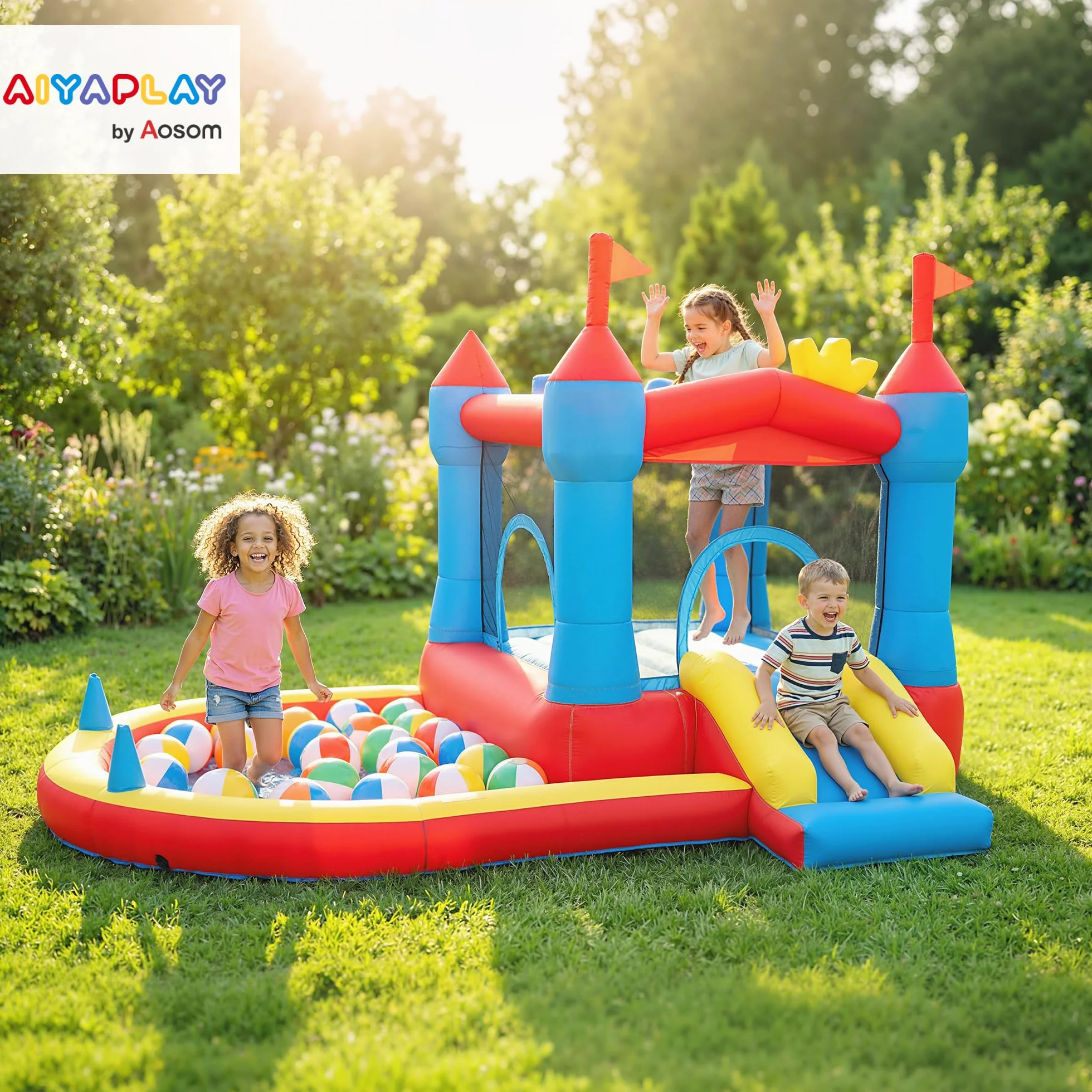 AIYAPLAY Château gonflable avec souffleur, parc aquatique, toboggans, trampoline, piscine à balles, 342x255x209cm