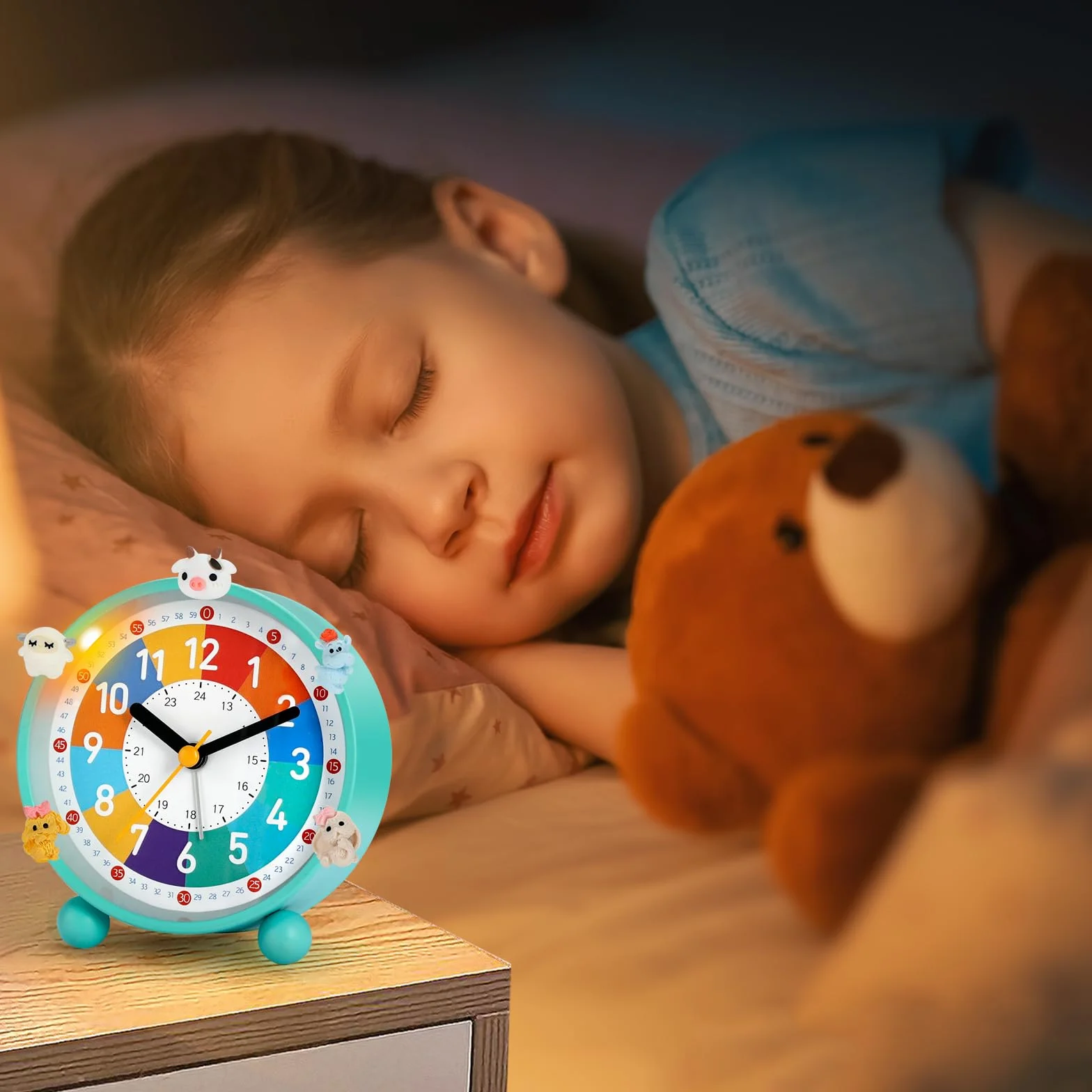 Reveil Enfant Educatif Jour/Nuit sans Tic-Tac avec Snooze et Veilleuse, 5 Decorations