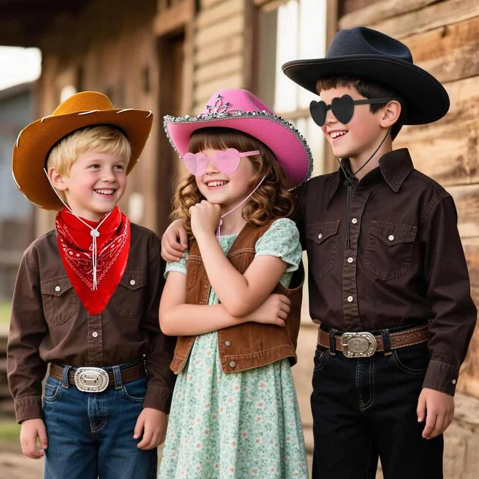 Chapeau de CowBoy pour Enfants 3Pcs avec Étoile Diadème Ficelle Lunettes Coeur Bandana Halloween