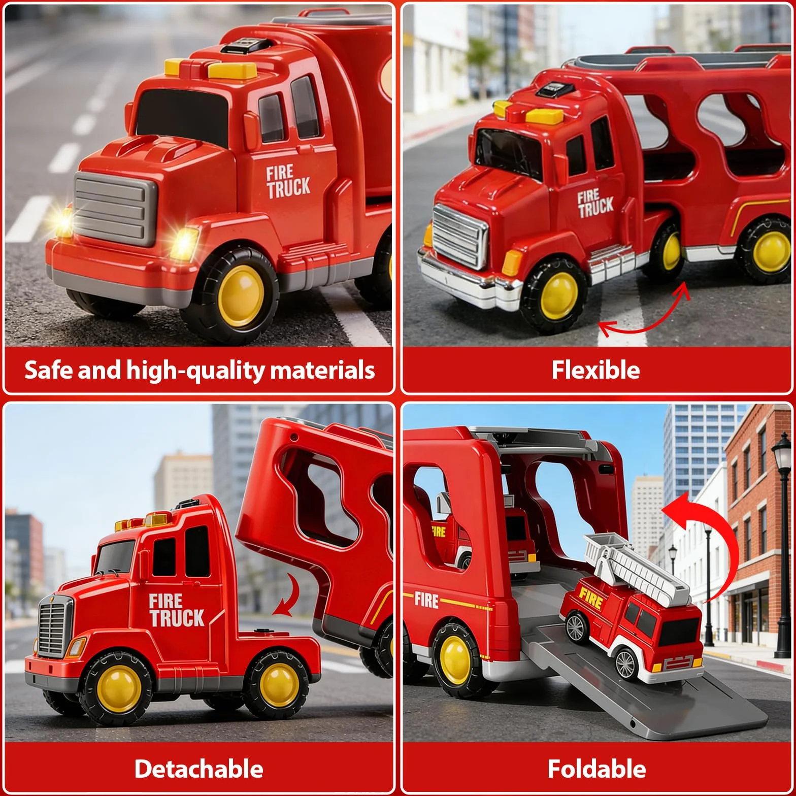 Camion Pompier Jouet 7 en 1 avec 6 Véhicules Sons et Lumières Transporteur à Friction pour Enfants 3-6 Ans