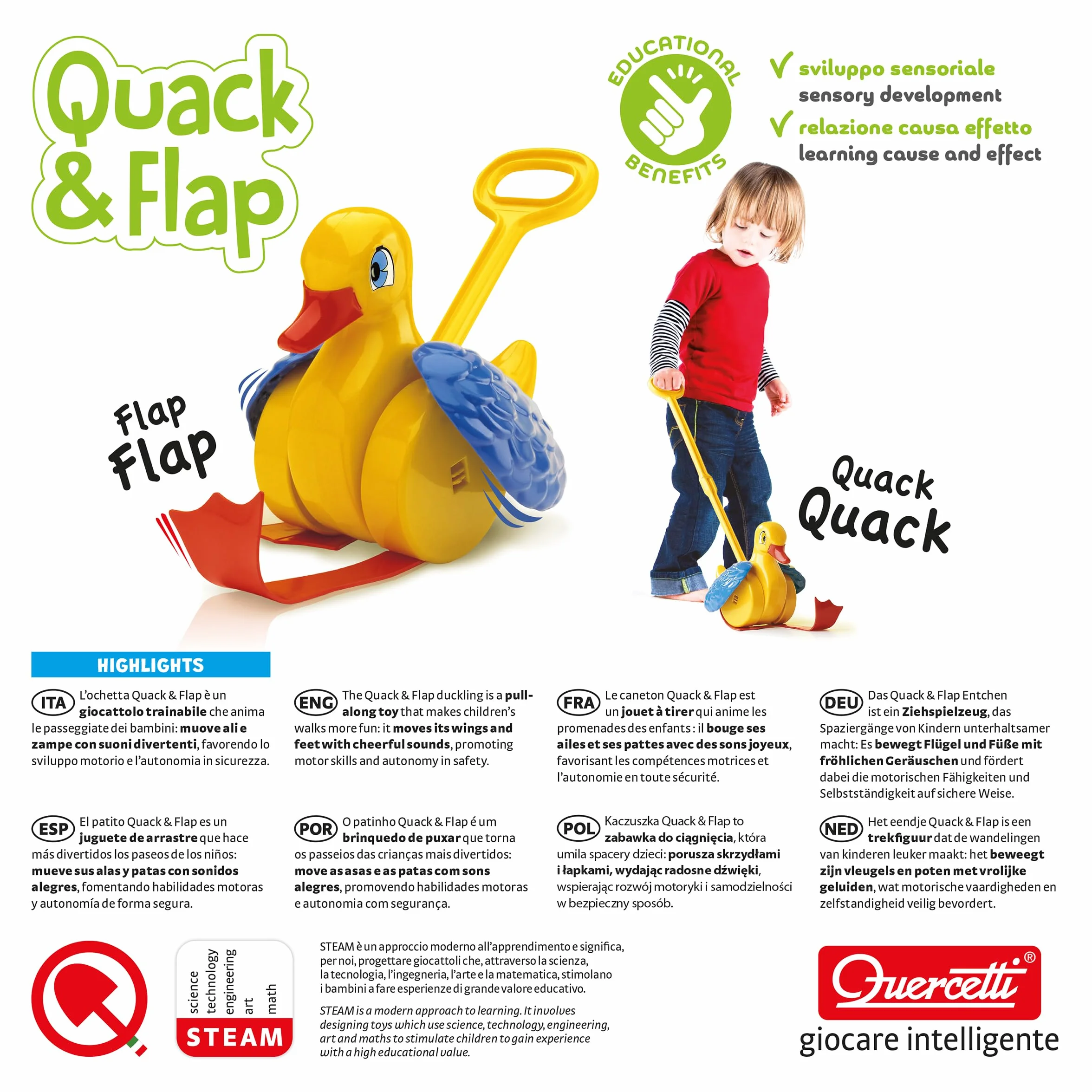 Quercetti Quack & Flap Canard à roulettes Jouet Motricité Bébé 1 an