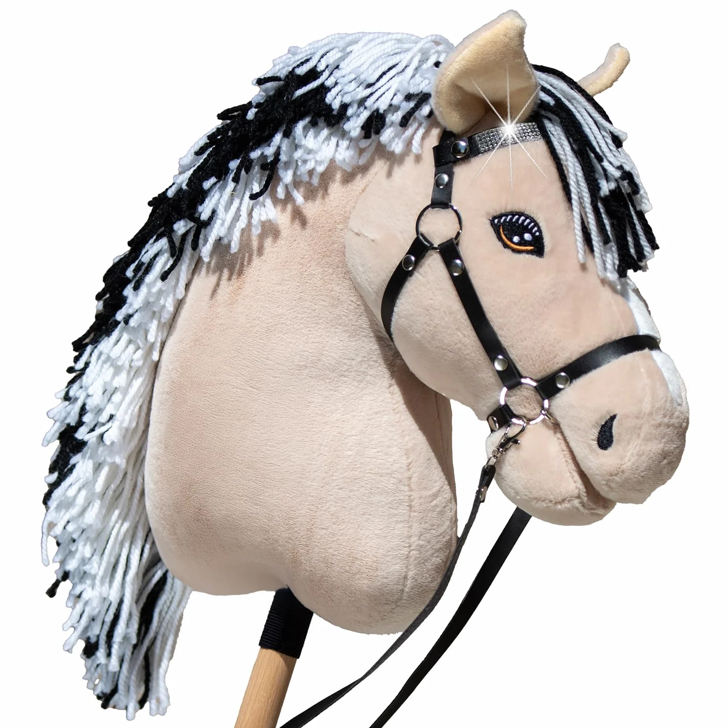 Hobby Horse Fjord A3 Cheval bâton Beige crins Noirs et Blanc Filet Complet Frontal Scintillant Jouet Équestre