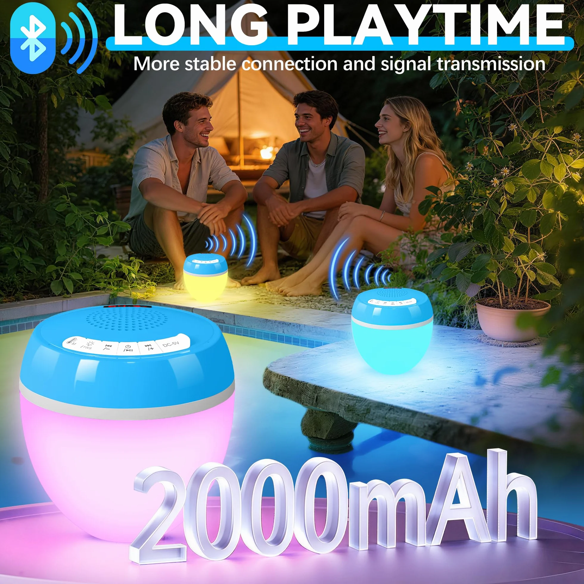 AearKing 3 en 1 Enceinte Bluetooth Piscine Flottante IP68 Étanche avec Thermomètre Numérique et Lumière, TWS Stéréo