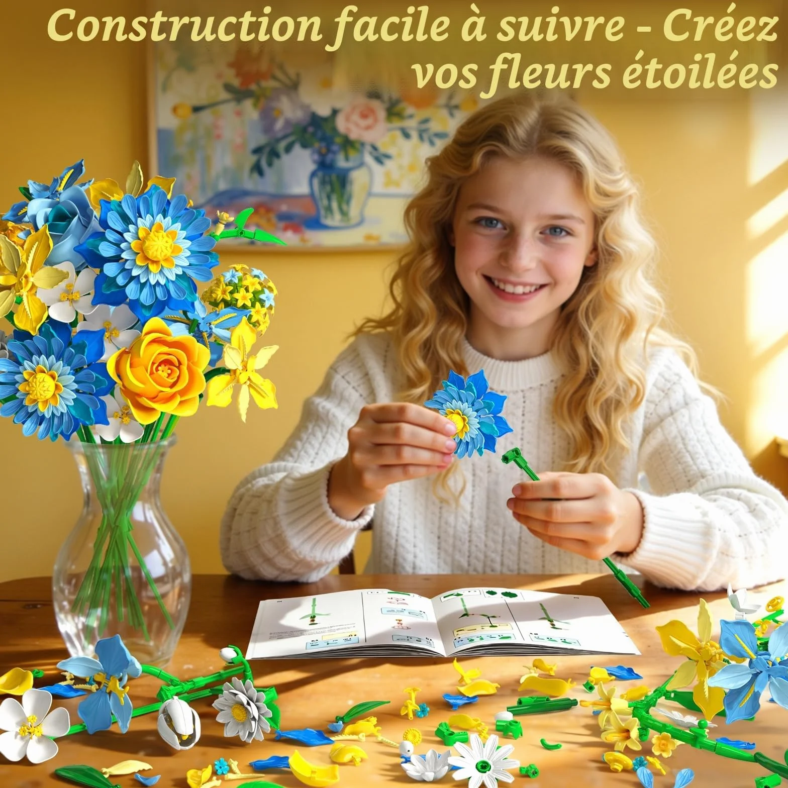Starry Blooms Ensemble de Construction de Bouquet de Fleurs Compatible avec Lego Dahlia Roses pour Décor Maison