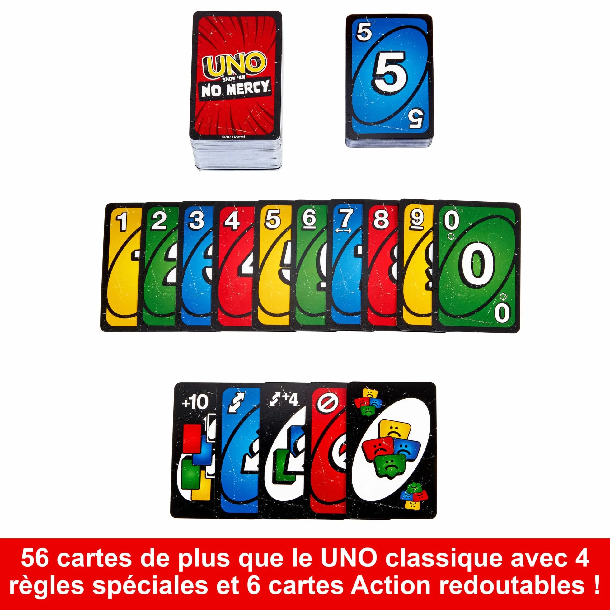 Mattel Games UNO No Mercy Jeu de cartes boîte transport voyage règles spéciales pénalités sévères HXT57