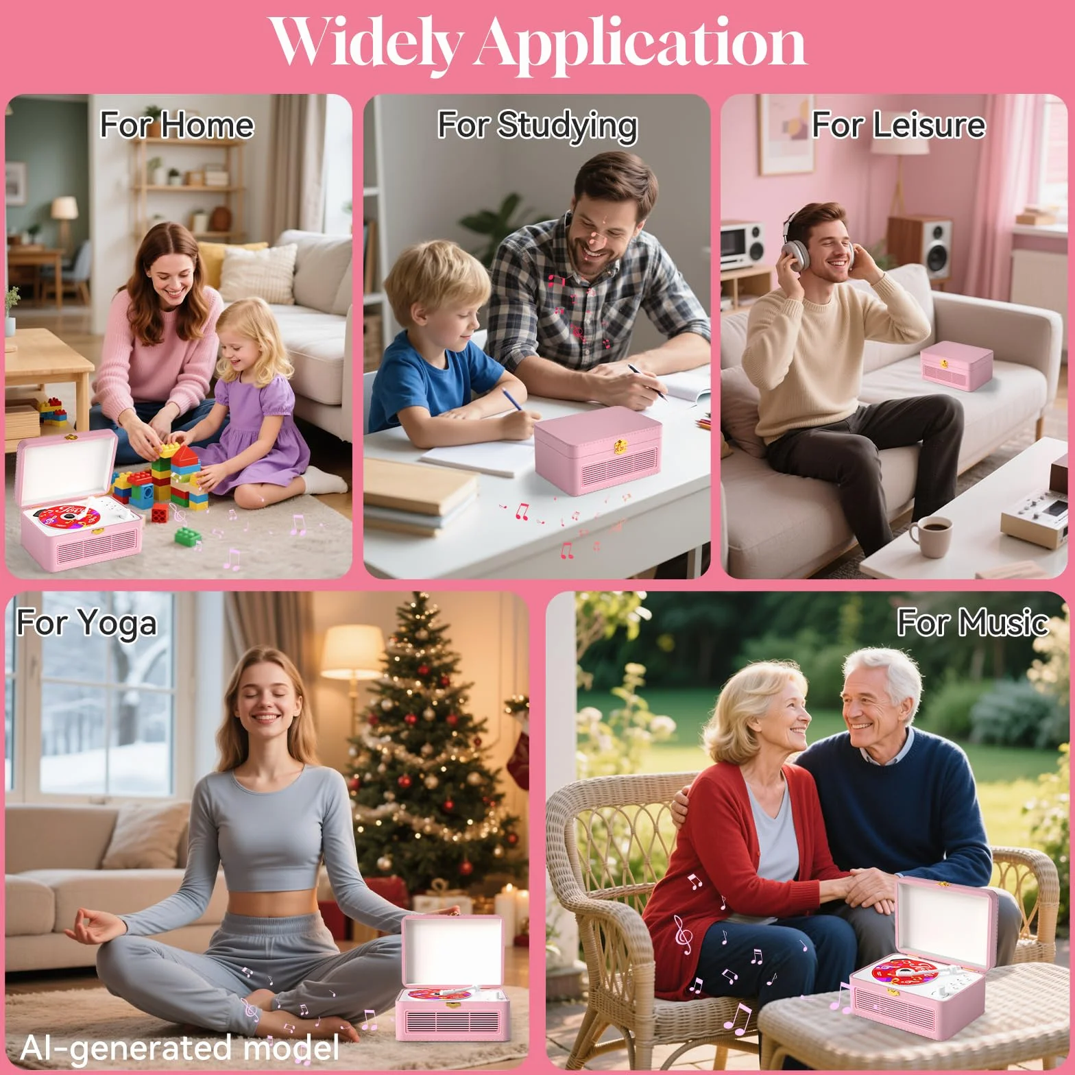 Lecteur CD Cuir Portable Bluetooth 3600mAh Rechargeable avec Haut-Parleurs, Support USB AUX, Télécommande, Design Valise Rétro Rose