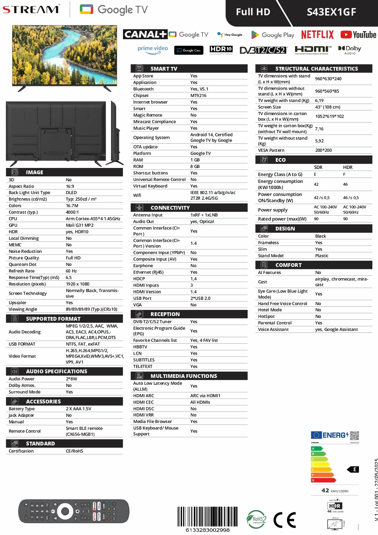 Google TV Smart 43" Full HD HDR10 sans Cadre Assistant Google Chromecast intégré S43EX1GF 2026