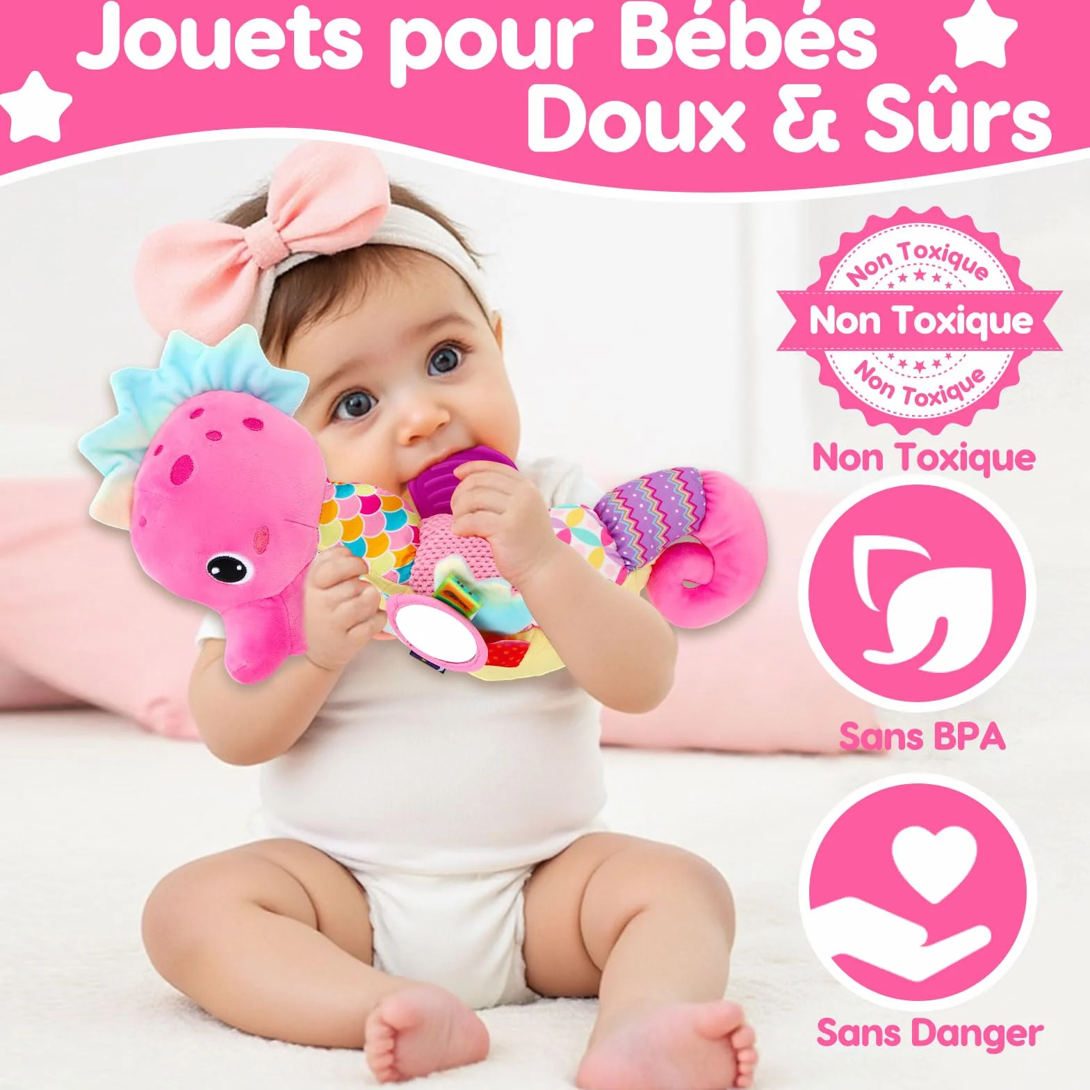 Jouet Bebe 0-12 Mois, Cadeau Naissance Fille Garcon avec Hochet Anneau Dentition Miroir, Jeux Eveil Musical Sensoriel