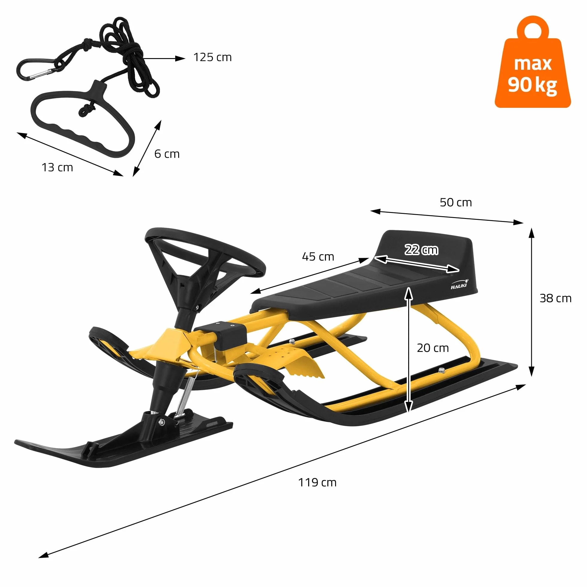 ECD Germany Lenkschlitten, Kinderschlitten Rodel AB 5 Jahre, Skibob für Kinder und Erwachsene BIS 90 kg, Schlitten mit Lenkrad, Fußbremse, Zugseil, Sitz mit Rückenlehne, Stahlrahmen, 119 x 38 x 50 cm