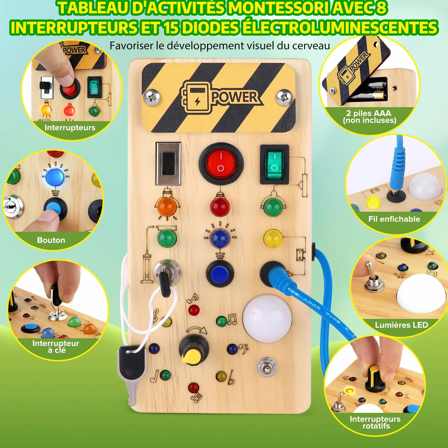 Hoarosall Montessori Busy Board en Bois avec Interrupteur Lumineux LED Jeux Educatif pour Enfant 1 2 3 Ans