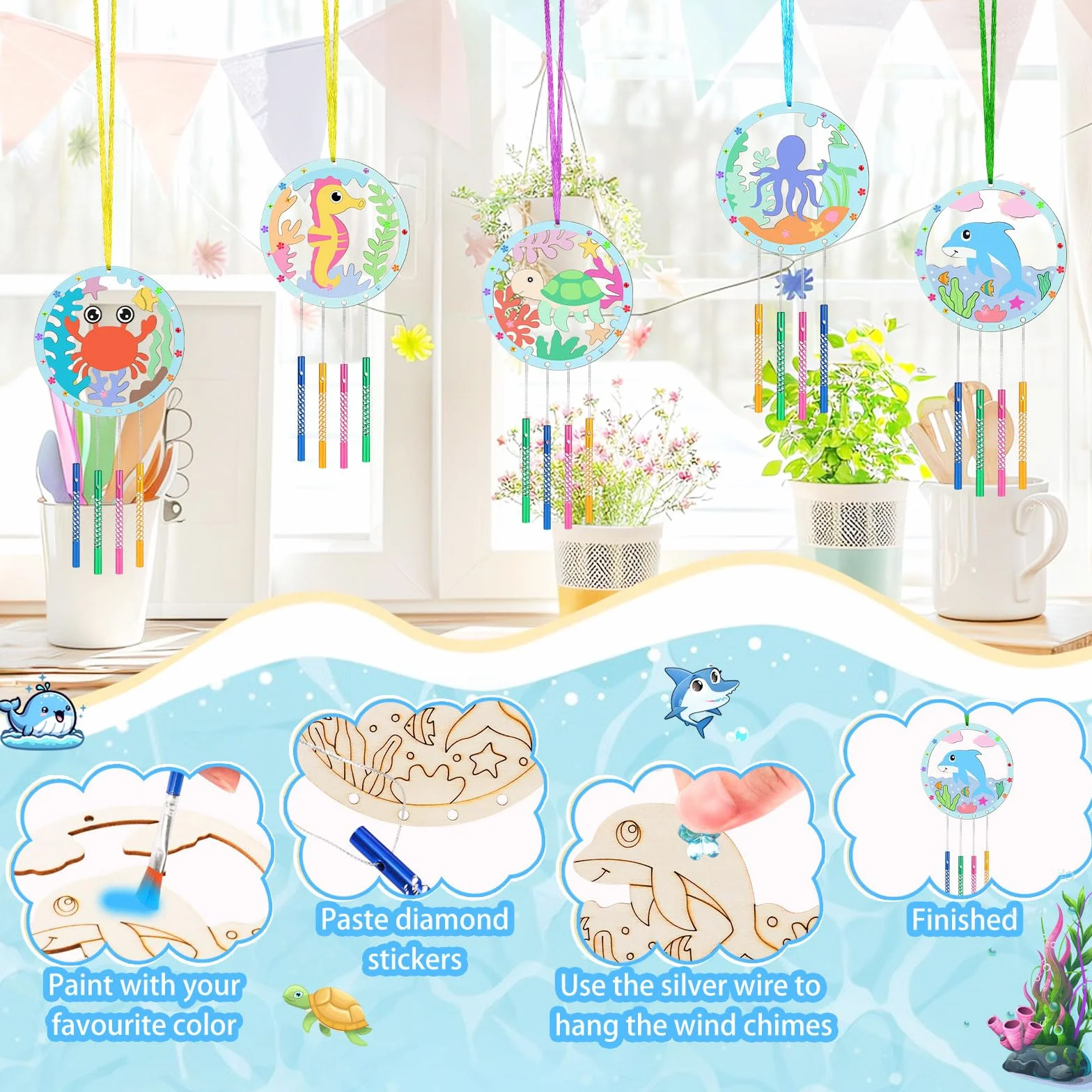 Kit Créatif Carillons à Vent Animaux Marins en Bois DIY, Activité Manuelle Enfant Décoration Été